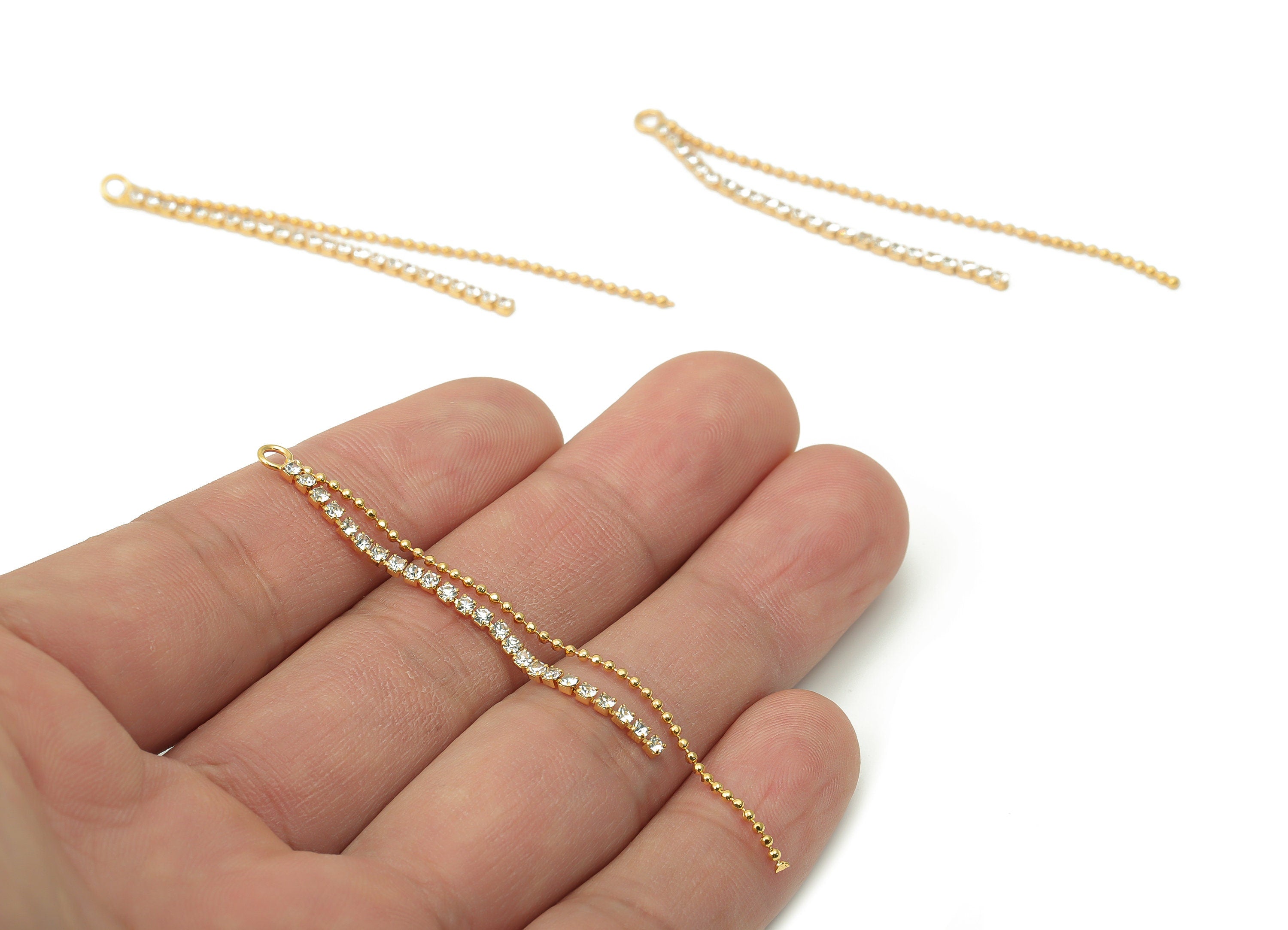 Brass Beads Tassel Earring Charm - Zircon Ball Chain Tassel Earrings – 18K Real Gold Plated Brass - 65.24x3.52x1.66mm - RGP4407 - DOMEDBAZAAR