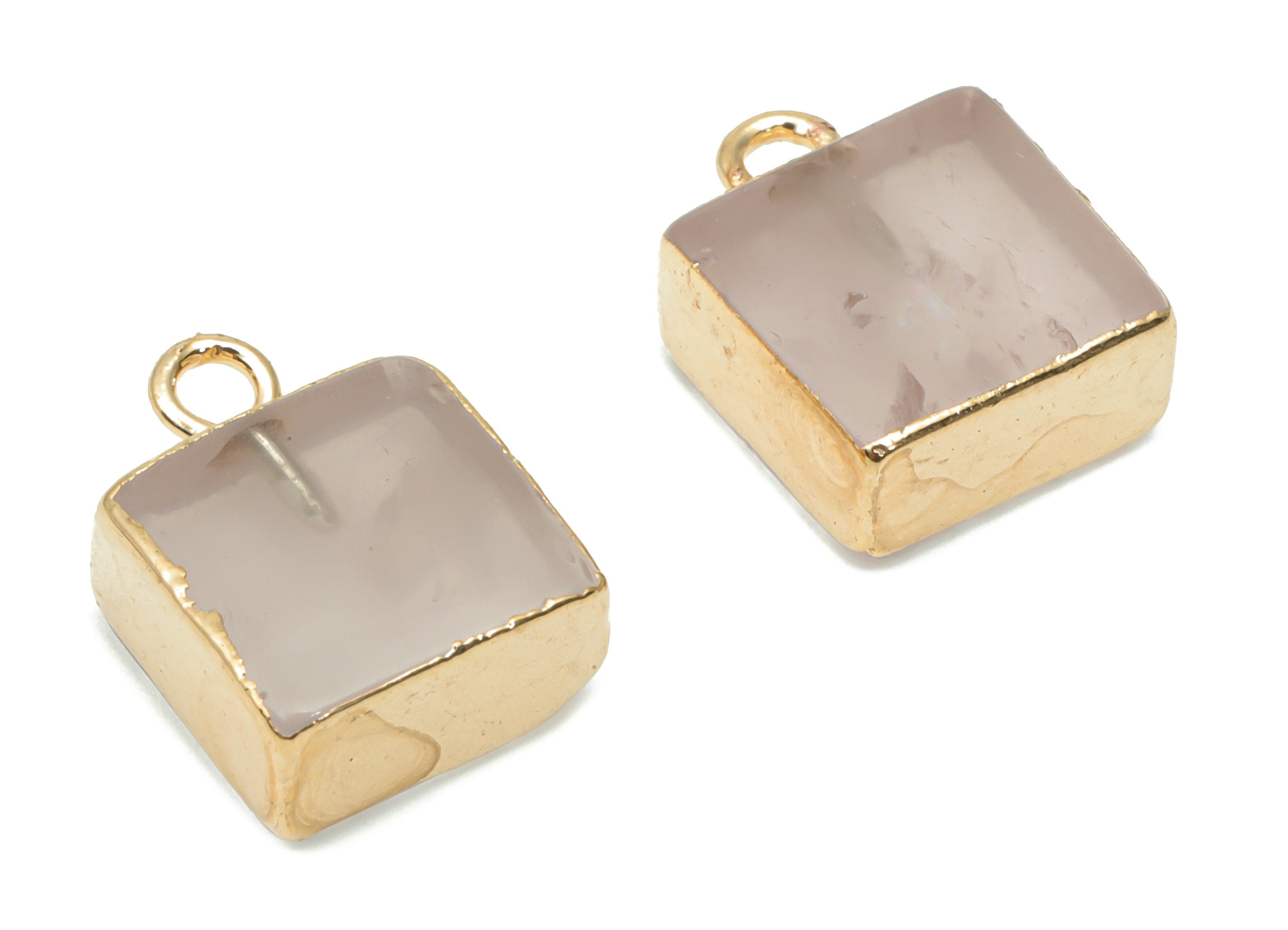 Rose Quartz Crystal Square Cube Charms - Brass Square Pendant - Natural Stone - Gold Tone Plated Brass – 13.98x9.96x5.33mm – NS1689B - DOMEDBAZAAR