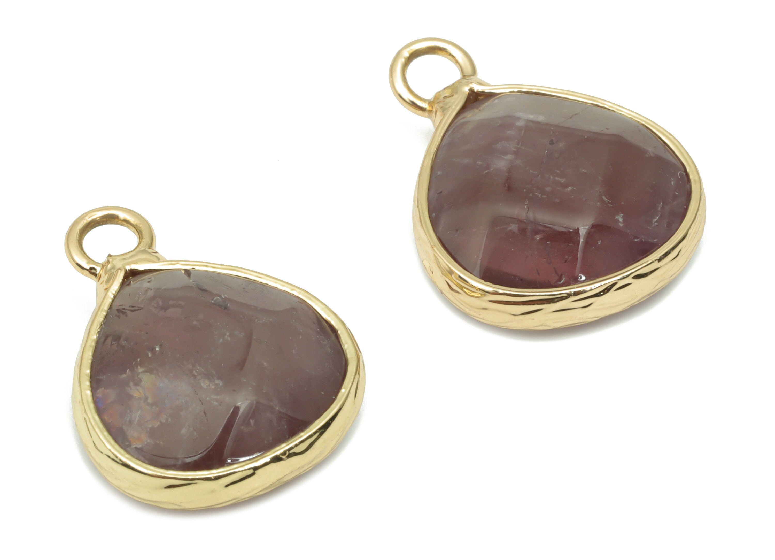 Amethyst Drop Earring Charms - Brass Teardrop Pendant - Natural Stone - Gold Tone Plated Brass – 17.78x13.61x5.85mm – NS1696A - DOMEDBAZAAR