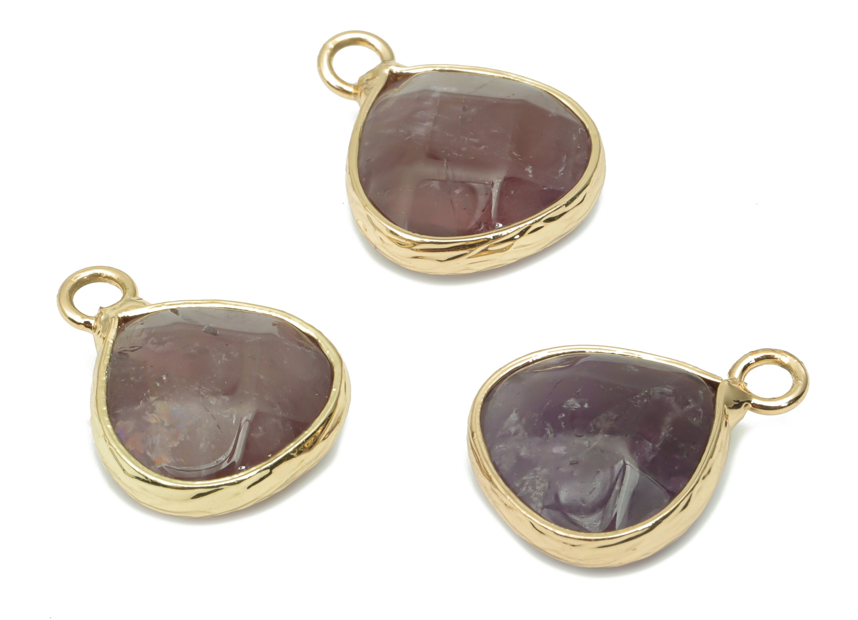 Amethyst Drop Earring Charms - Brass Teardrop Pendant - Natural Stone - Gold Tone Plated Brass – 17.78x13.61x5.85mm – NS1696A - DOMEDBAZAAR