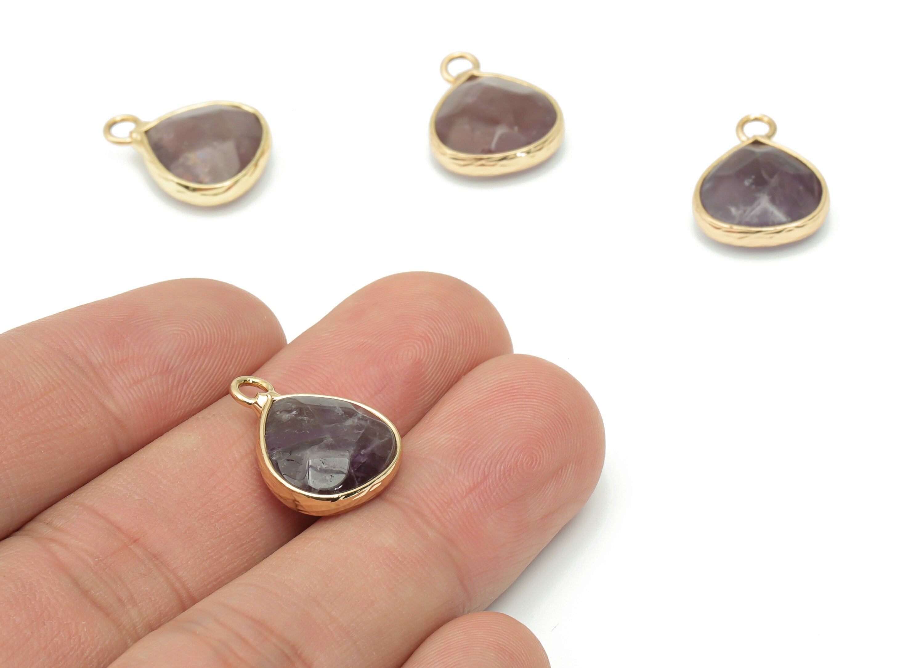 Amethyst Drop Earring Charms - Brass Teardrop Pendant - Natural Stone - Gold Tone Plated Brass – 17.78x13.61x5.85mm – NS1696A - DOMEDBAZAAR