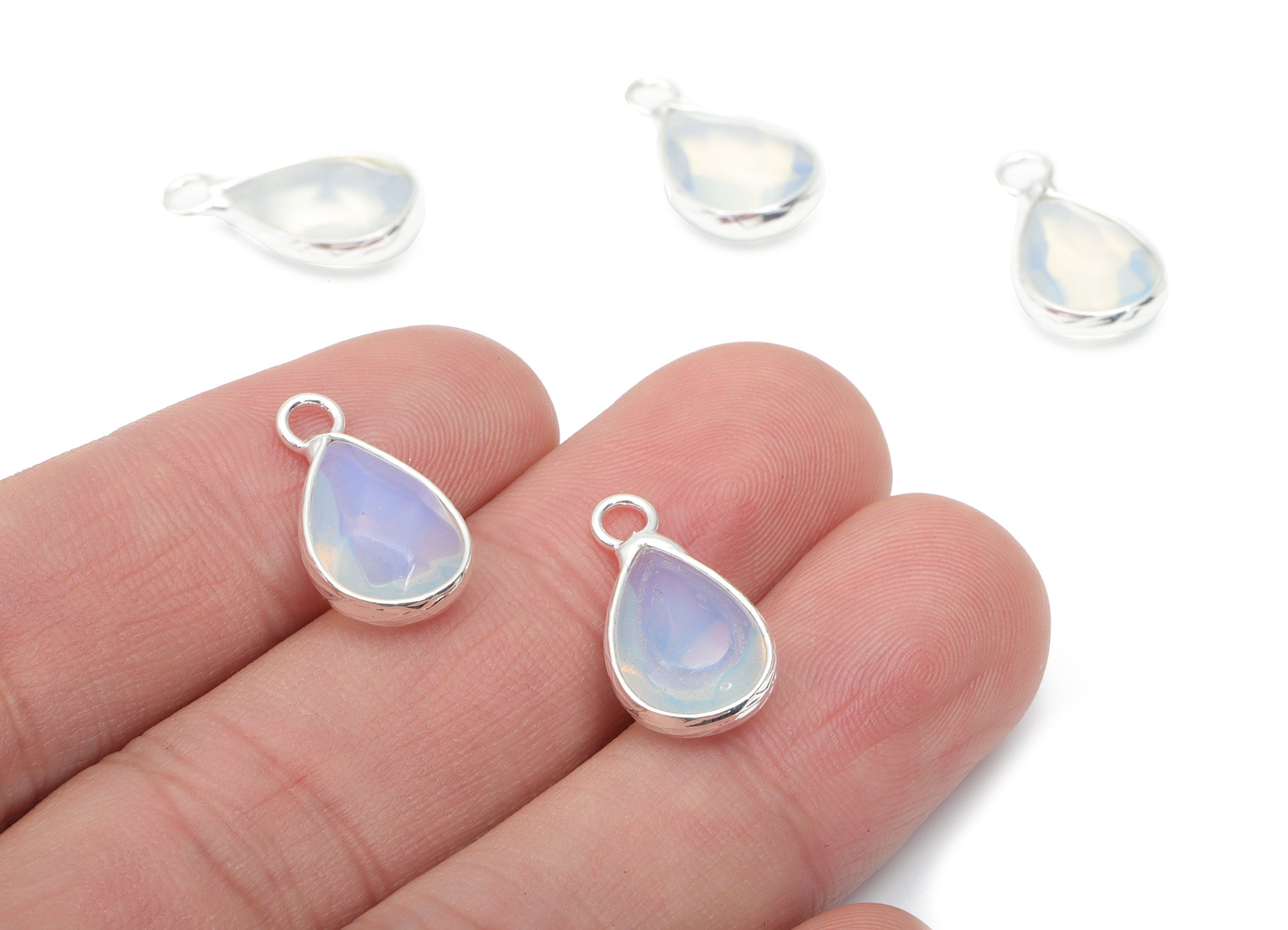 Opalite Drop Earring Charms - Brass Teardrop Pendant - Natural Stone - Silver Tone Plated Brass – Jewelry Supplies - 17.97x9.6x4.6mm–NS1690C - DOMEDBAZAAR
