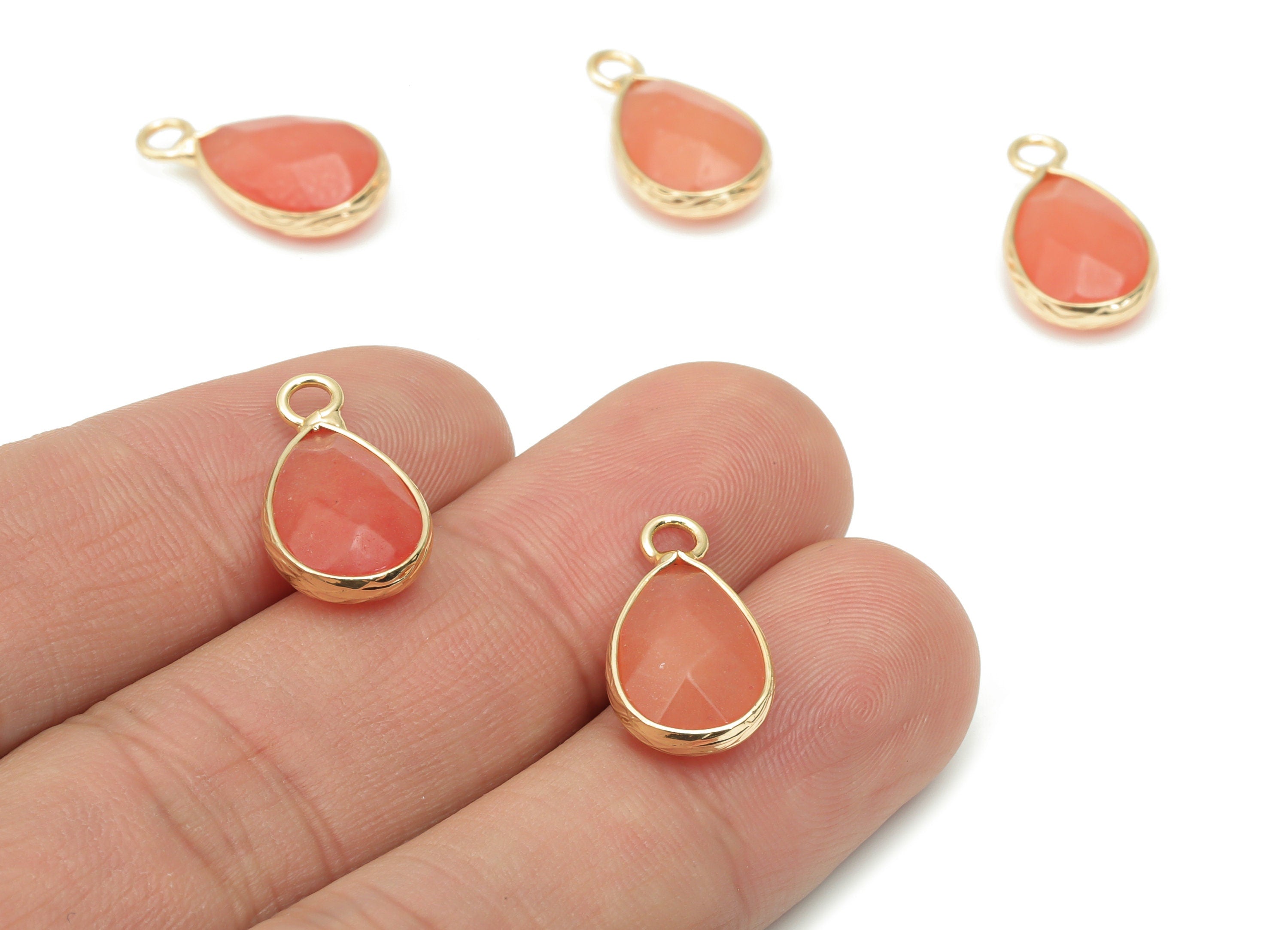 Orange Aventurine Drop Earring Charms - Brass Teardrop Pendant - Natural Stone - Gold Tone Plated Brass – 17.97x9.61x4.55mm – NS1690D - DOMEDBAZAAR