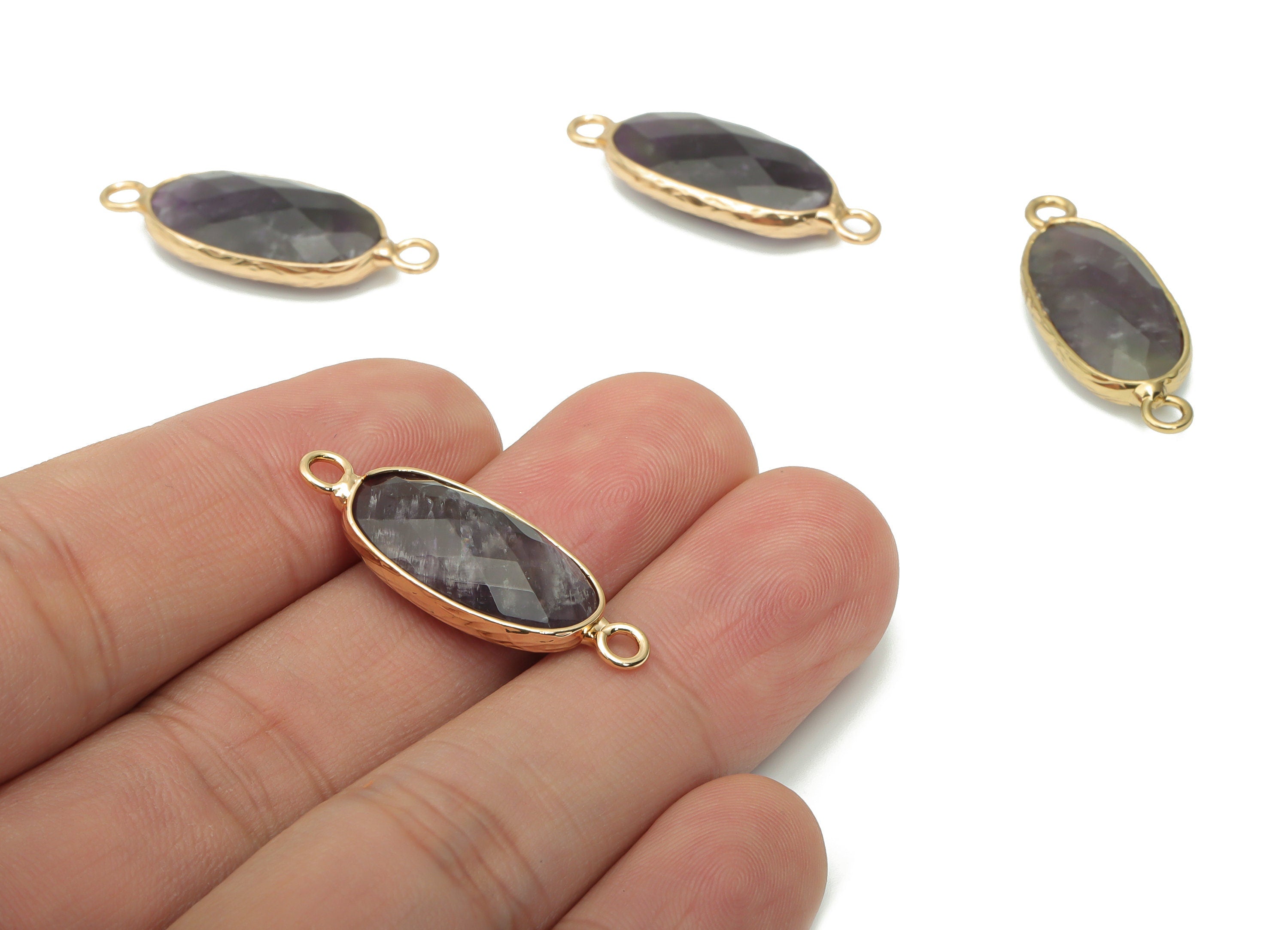 Amethyst Long Oval Earring Connector - Brass Oval Charms and Bracelet - Natural Stone - Gold Tone Plated Brass – 29.91x11.53x5.8mm - NS1698F - DOMEDBAZAAR