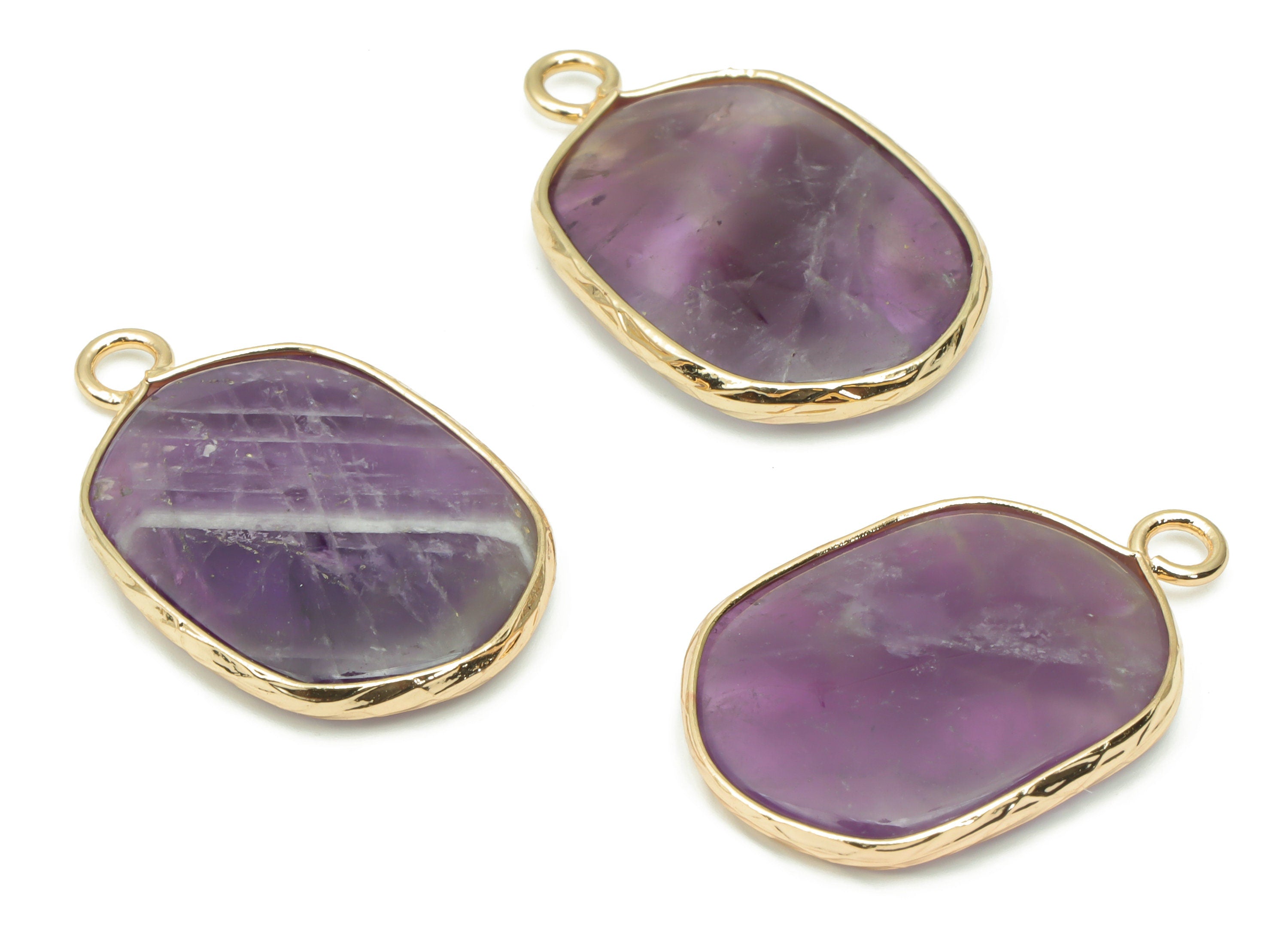 Amethyst Oval Earring Charms - Brass Oval Pendant - Natural Stone - Gold Tone Plated Brass – Jewelry Supplies - 52.2x15.92x4.11mm – NS1699H - DOMEDBAZAAR