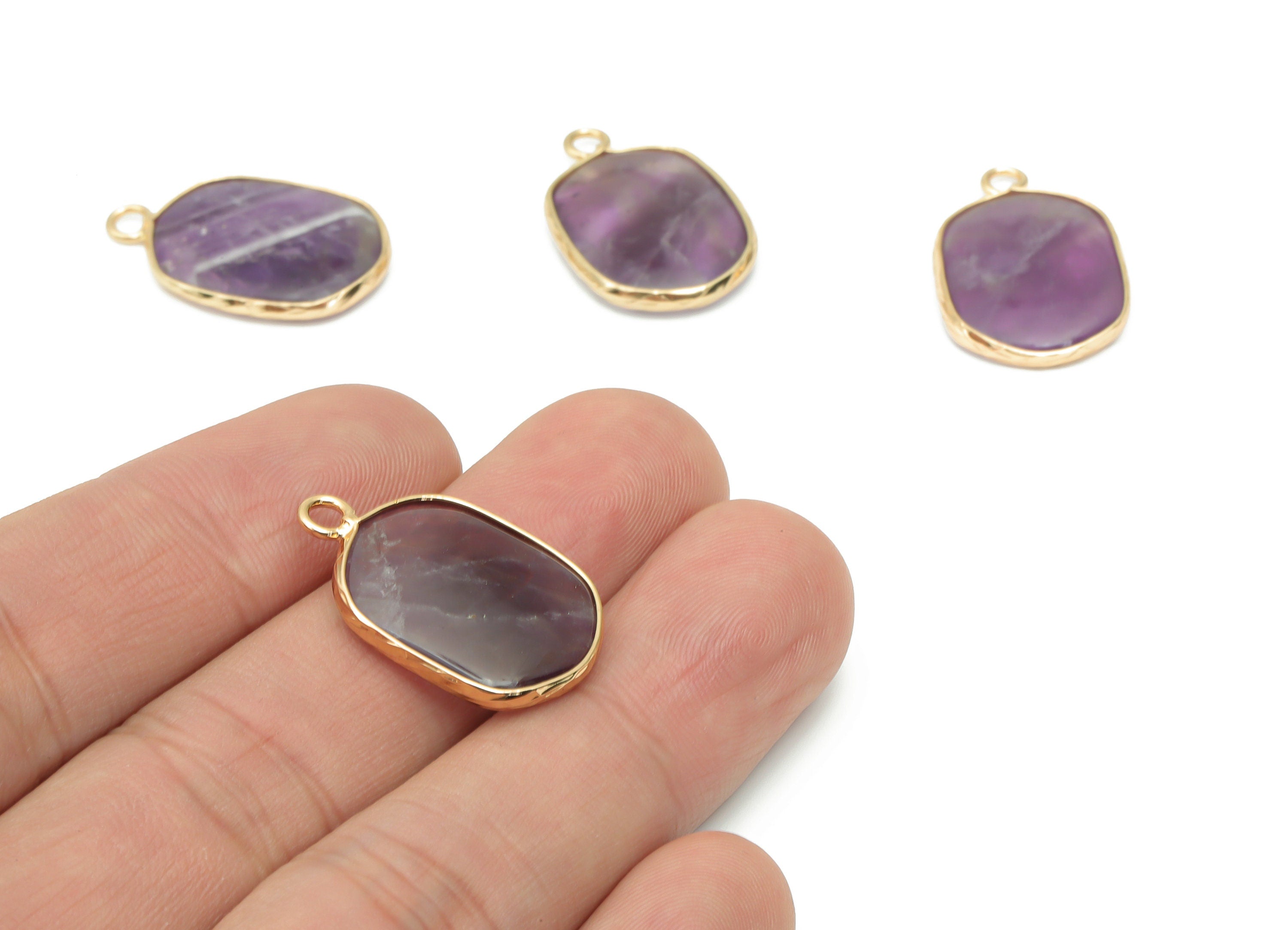 Amethyst Oval Earring Charms - Brass Oval Pendant - Natural Stone - Gold Tone Plated Brass – Jewelry Supplies - 52.2x15.92x4.11mm – NS1699H - DOMEDBAZAAR