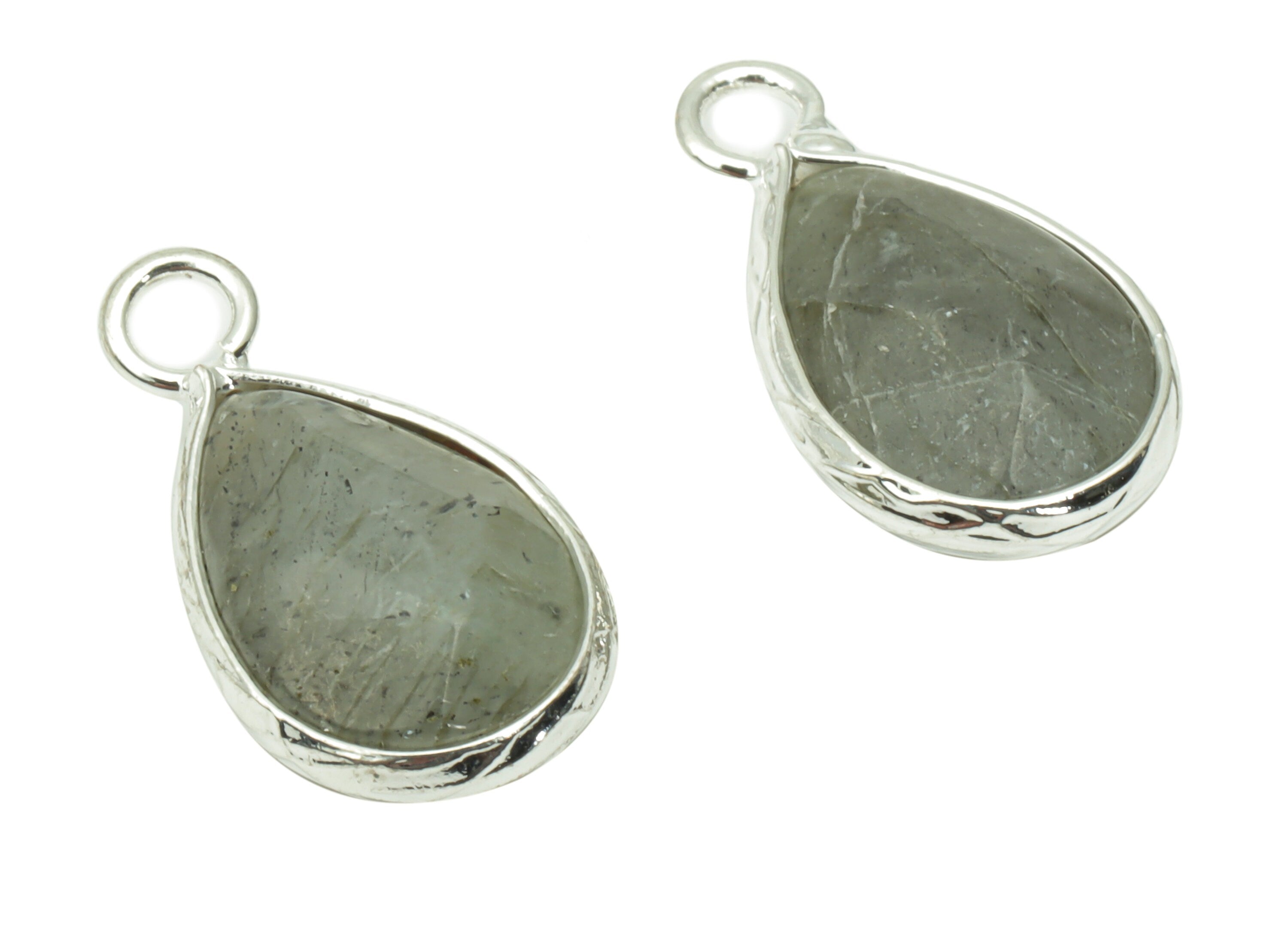 Labradorite Drop Earring Charms - Brass Teardrop Pendant - Natural Stone - Silver Tone Plated Brass – 17.97x9.61x4.55mm – NS1690E - DOMEDBAZAAR