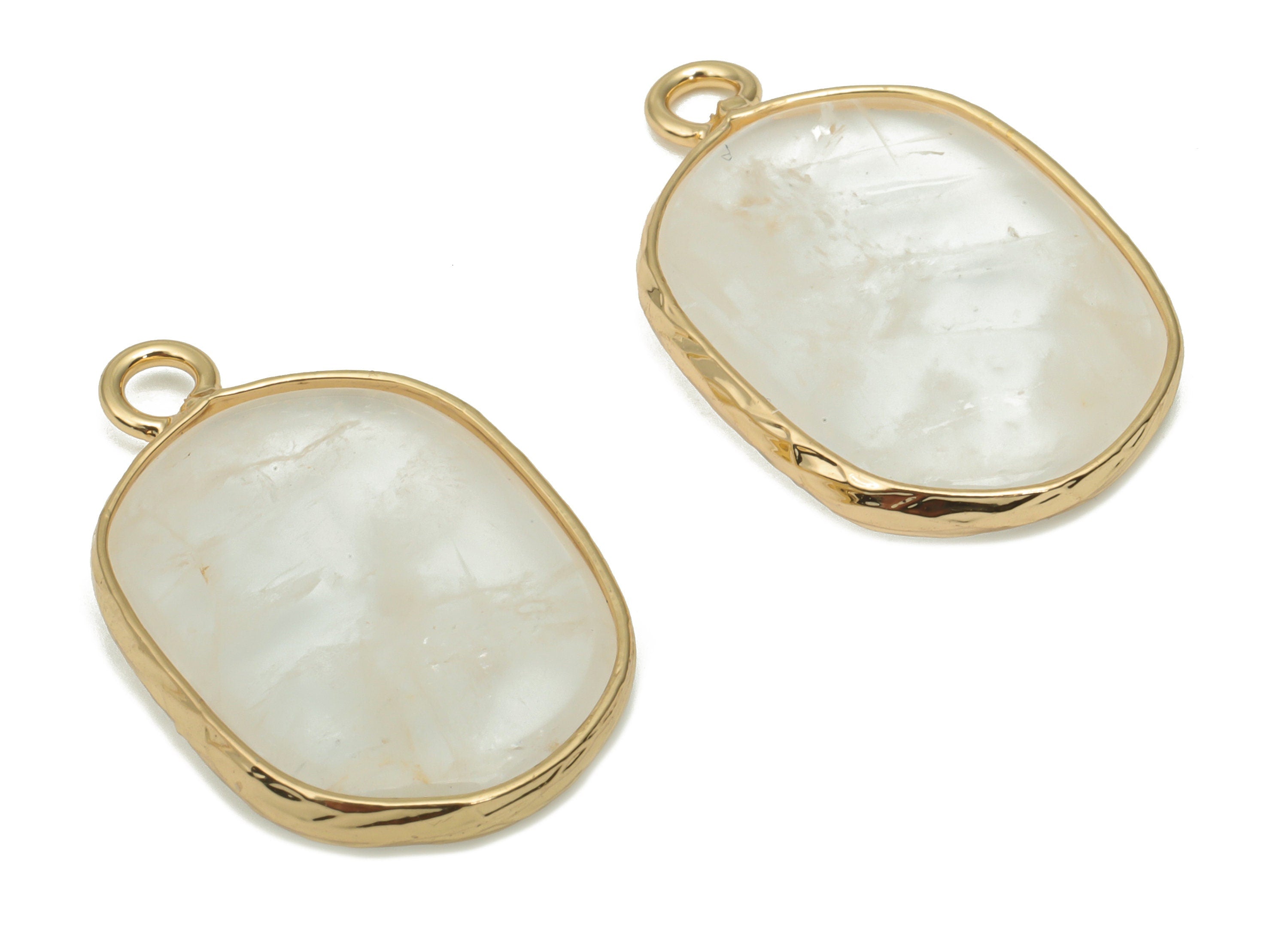 Clear Quartz Oval Earring Charms - Brass Oval Pendant - Natural Stone - Gold Tone Plated Brass – Jewelry Supplies - 52.2x15.9x4.1mm– NS1699A - DOMEDBAZAAR