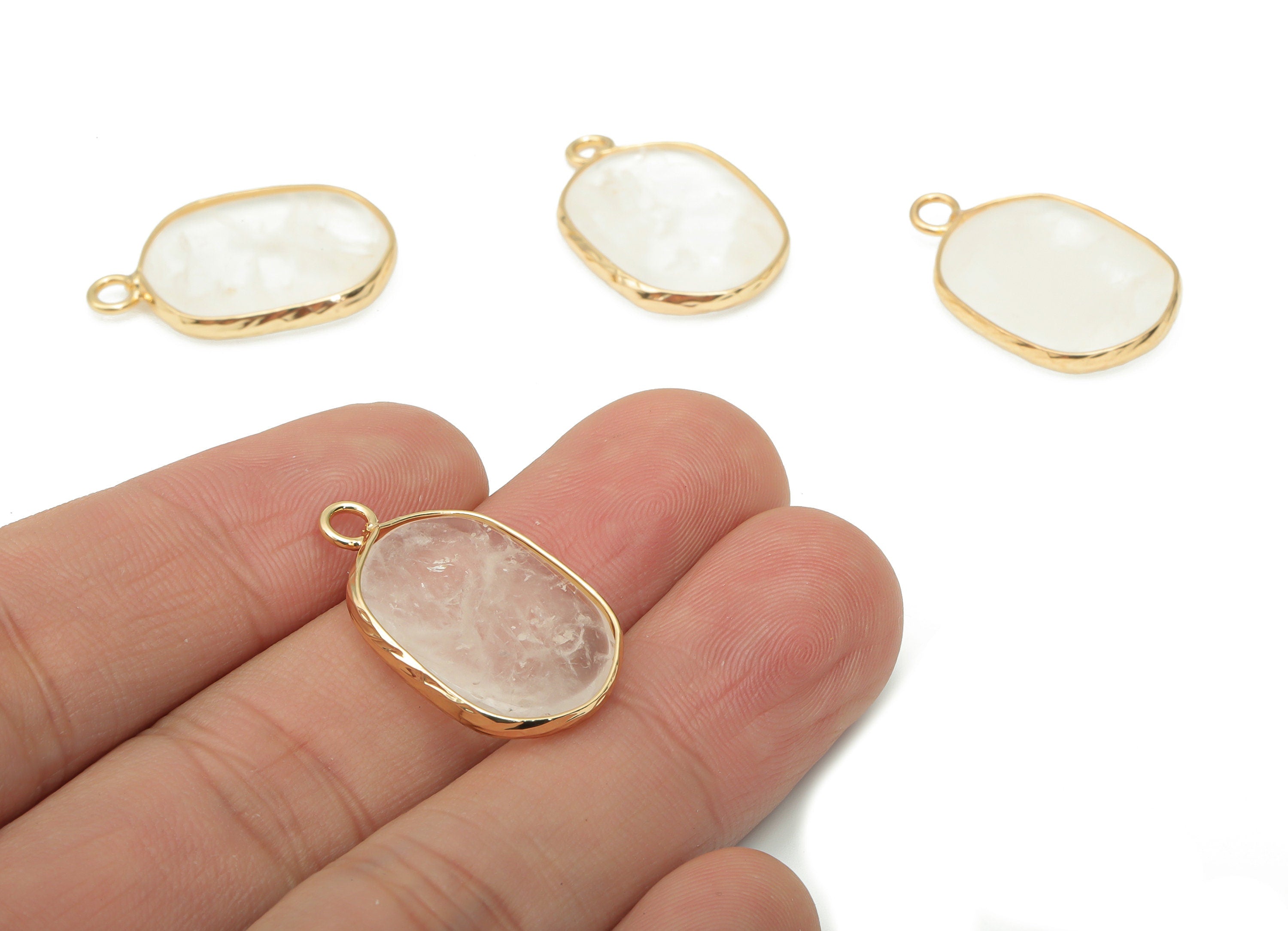 Clear Quartz Oval Earring Charms - Brass Oval Pendant - Natural Stone - Gold Tone Plated Brass – Jewelry Supplies - 52.2x15.9x4.1mm– NS1699A - DOMEDBAZAAR