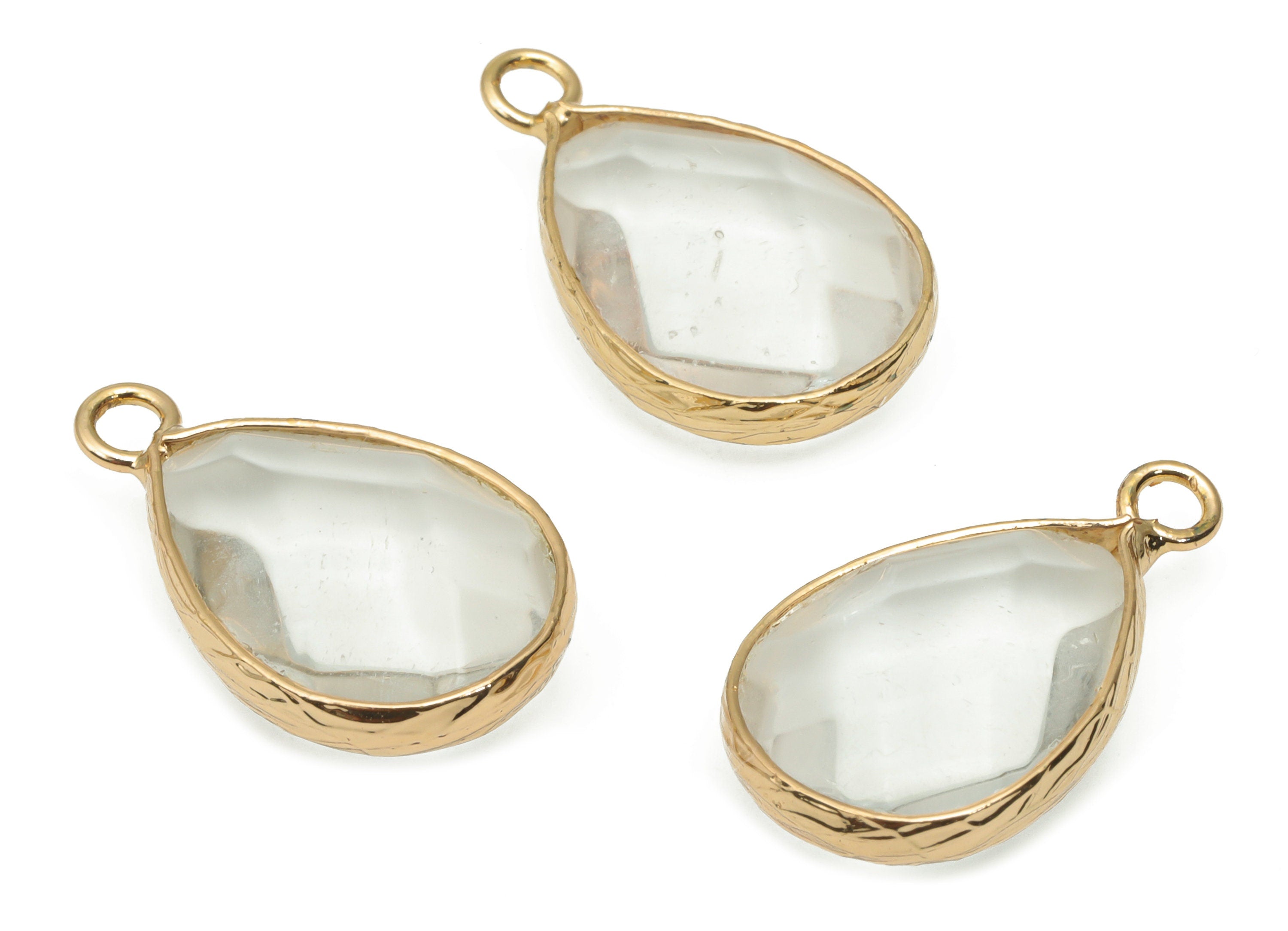Clear Quartz Drop Earring Charms - Brass Teardrop Pendant - Natural Stone - Gold Tone Plated Brass – 22.58x13.85x6.17mm – NS1694A - DOMEDBAZAAR