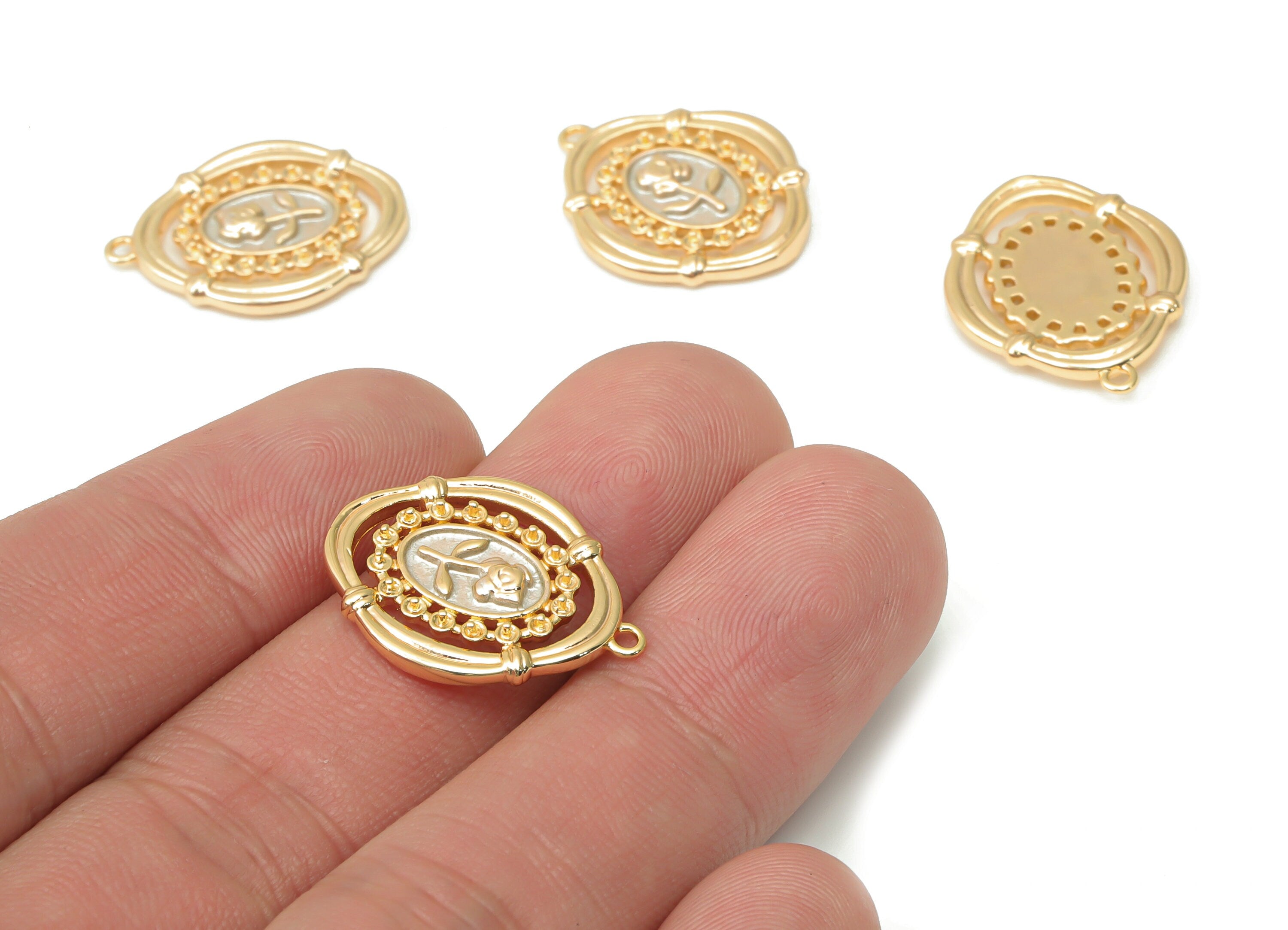 Brass Oval Rose Flower Earring Charms - Gold Flower Pendant - 18K Real Gold Plated Brass - Jewelry Supplies - 21.91x17.29x2.59mm - RGP4502 - DOMEDBAZAAR