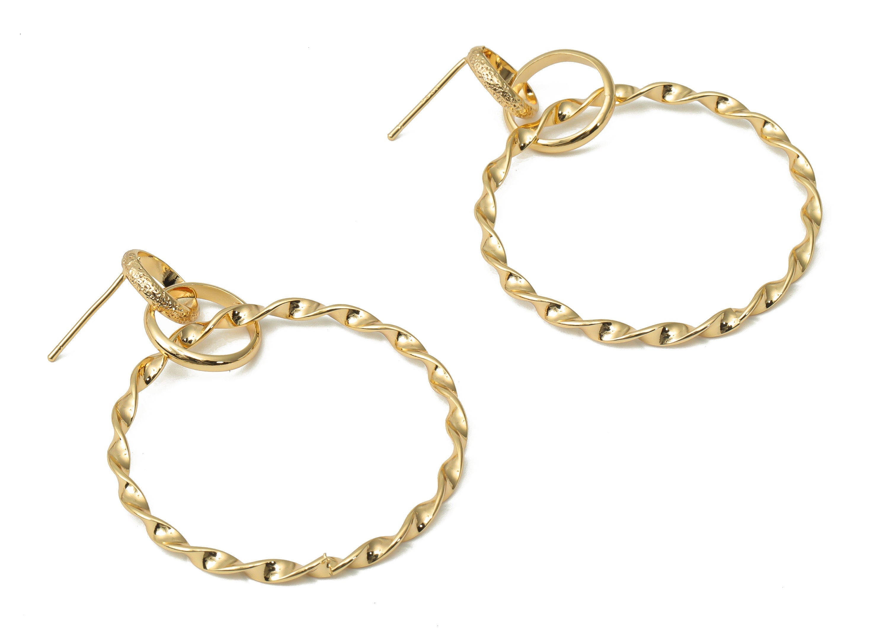 Brass Rounds Twisted Hoop Earring Stud - Gold Circles Hoop Post - Stainless Steel Stud - 18k Real Gold Plated Brass - 45.6x36x2mm - RGP4493 - DOMEDBAZAAR