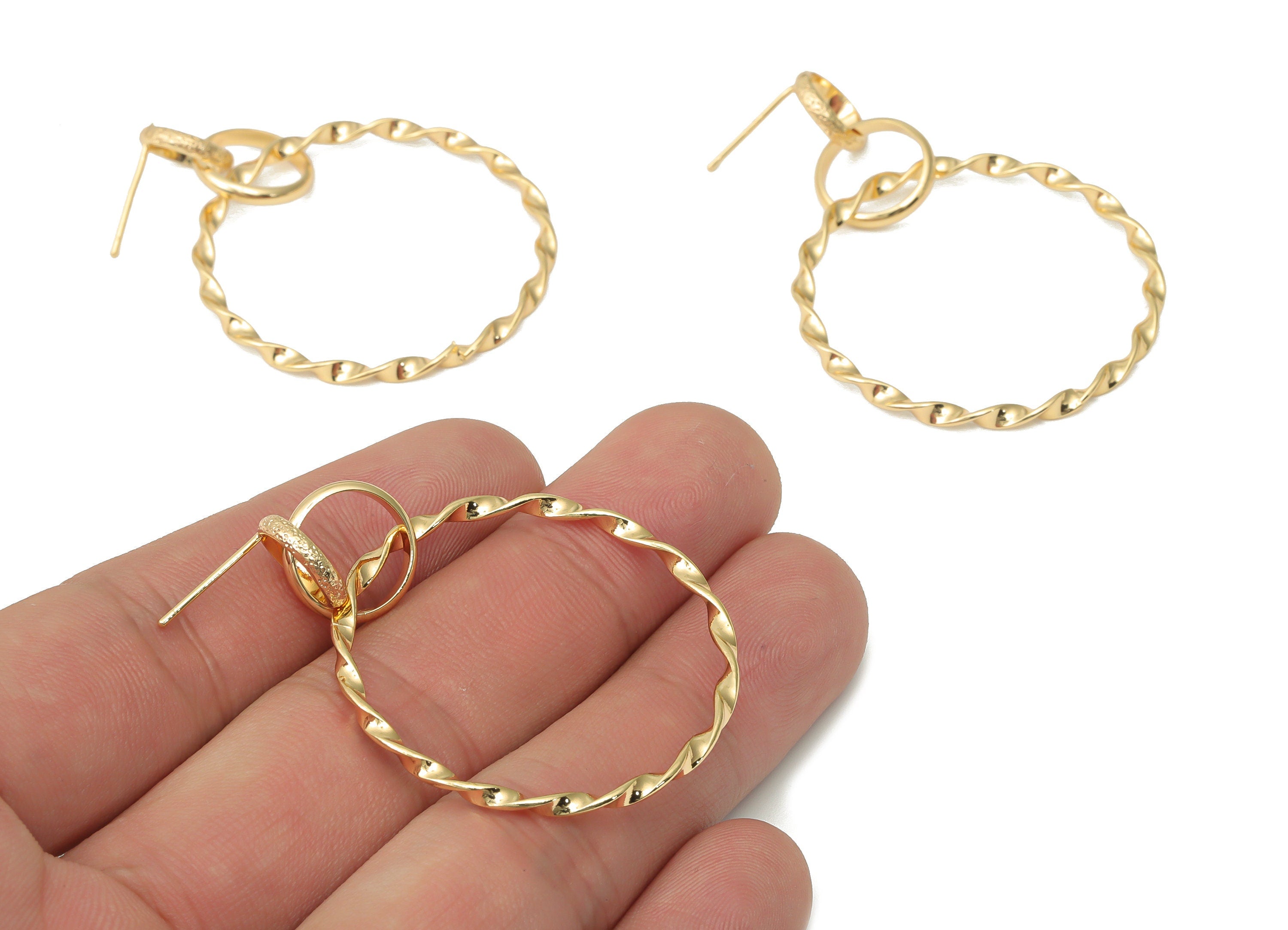 Brass Rounds Twisted Hoop Earring Stud - Gold Circles Hoop Post - Stainless Steel Stud - 18k Real Gold Plated Brass - 45.6x36x2mm - RGP4493 - DOMEDBAZAAR