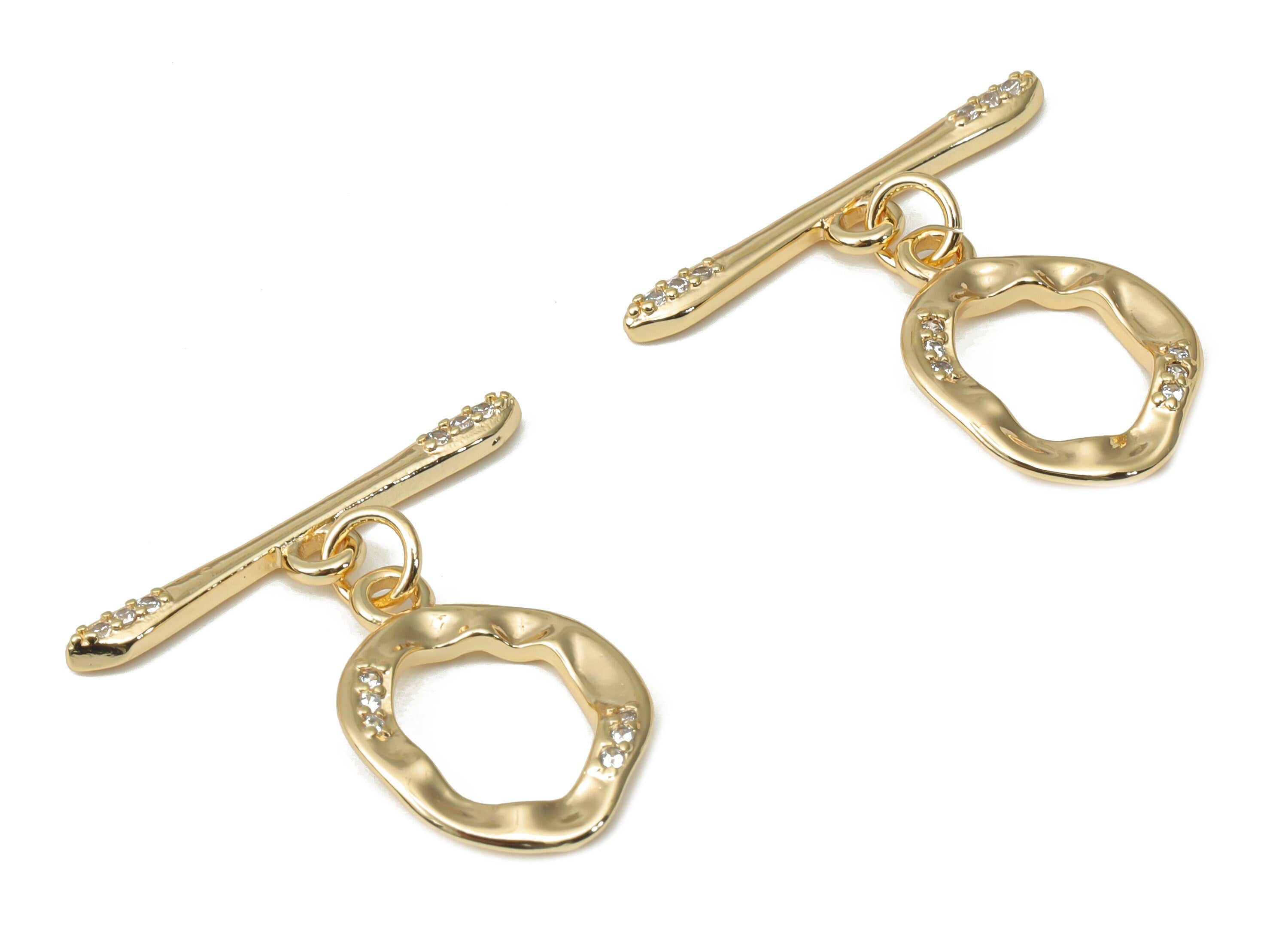 Brass Hammered Round Toggle Clasp with Zircon – Gold Circle Toggle Clasp - 18K Real Gold Plated Brass – Jewelry Making - 26x23x1.8mm-RGP4519 - DOMEDBAZAAR