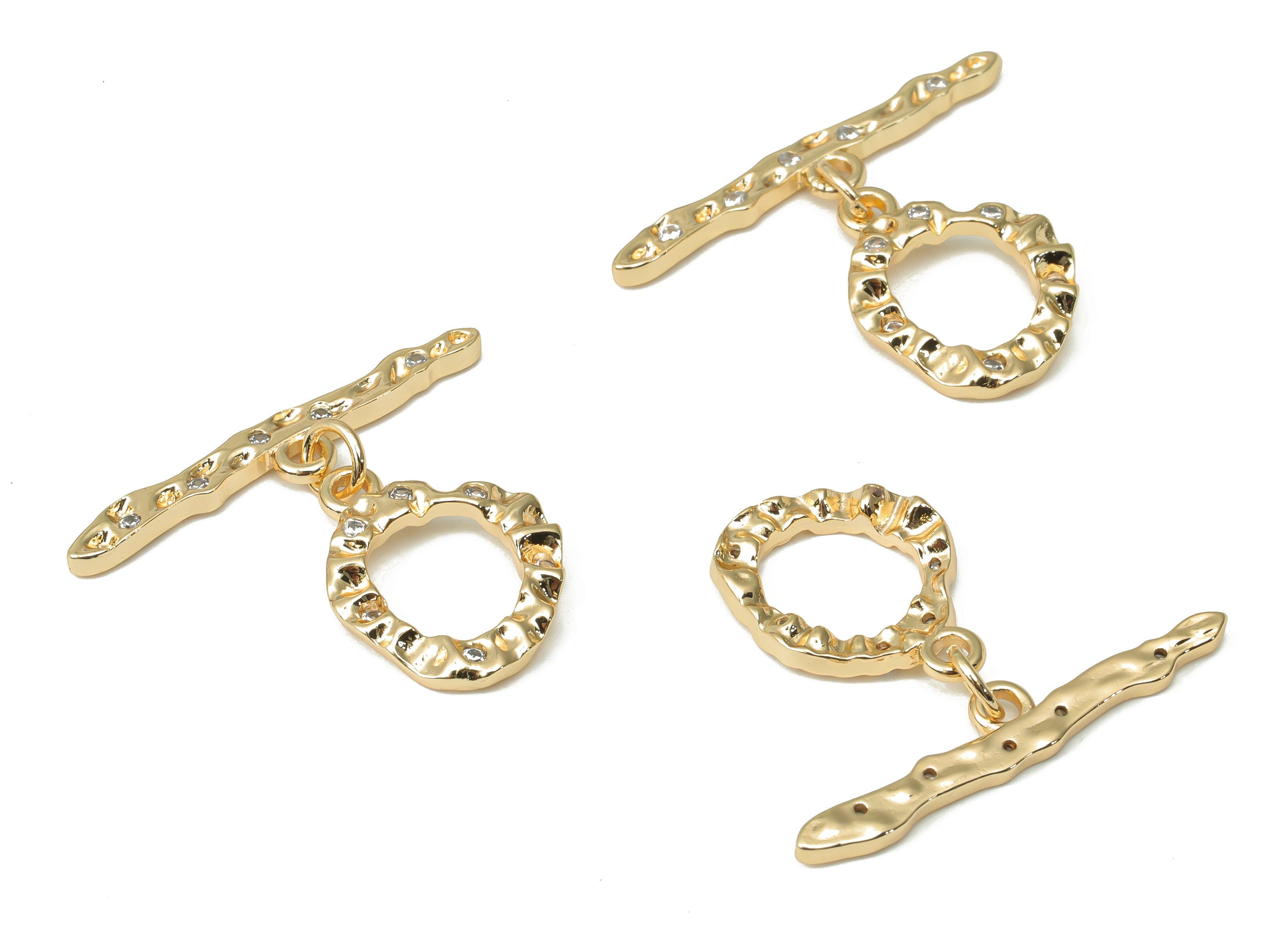 Brass Hammered Round Toggle Clasp with Zircons – Gold Circle Toggle Clasp - 18K Real Gold Plated Brass – Jewelry Making - 30x25x2mm- RGP4520 - DOMEDBAZAAR