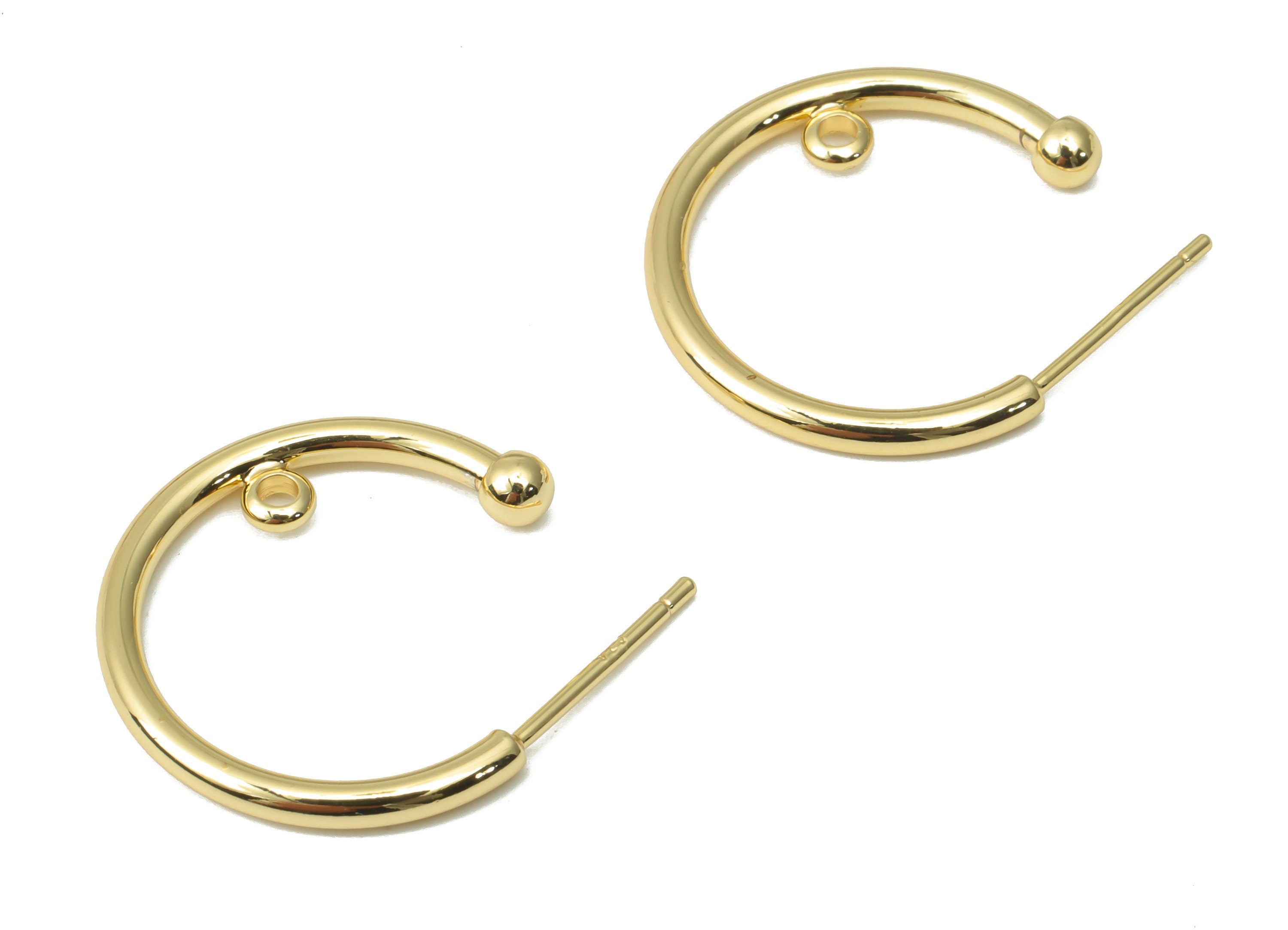 Brass C Open Hoop Earring Stud with Loop - Gold C Bead Hoop Post - 925 Silver Stud - 18k Real Gold Plated Brass - 19.93x16.9x1.8mm - RGP4483 - DOMEDBAZAAR