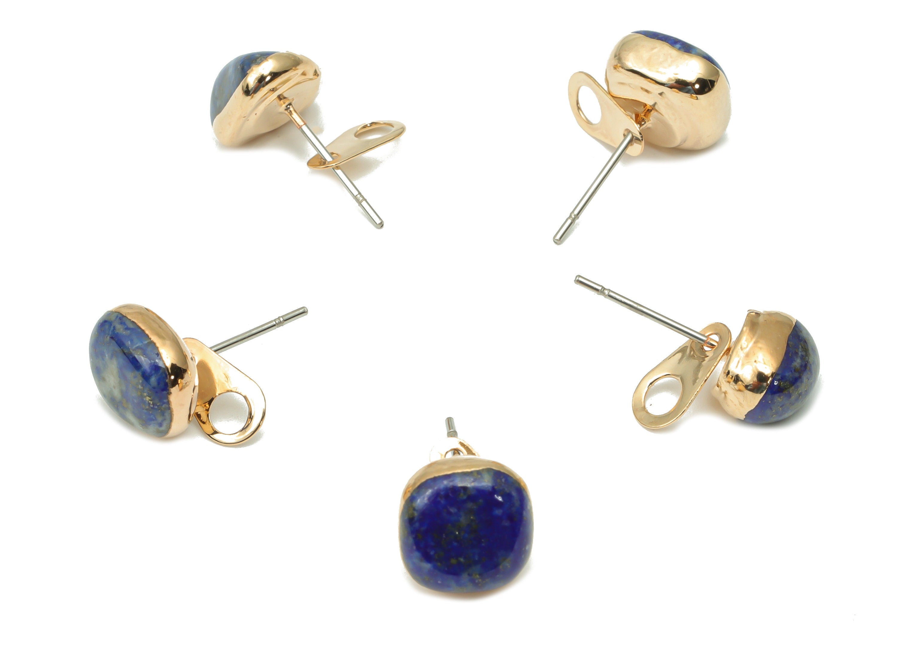 Aquamarine Earring Stud with Loop - Natural Stone Earring Post -  Gold Tone Plated Stone – 316 Surgical Stainless Steel - 10x10x6mm– NS1762T - DOMEDBAZAAR