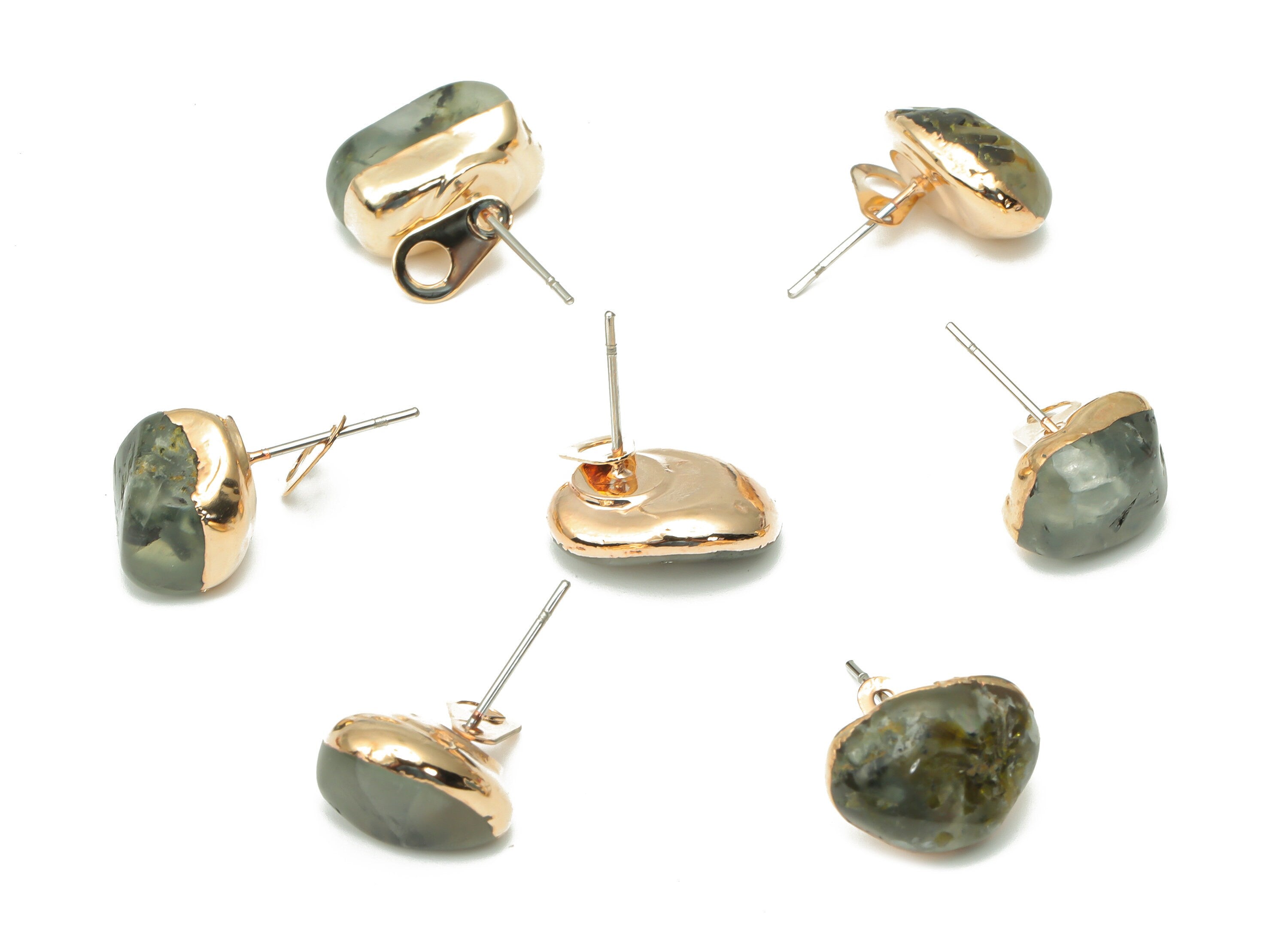 Prehnite Earring Stud with Loop - Natural Stone Earring Post -  Gold Tone Plated Stone – 316 Surgical Stainless Steel - 11.58x8x8mm– NS1762U - DOMEDBAZAAR