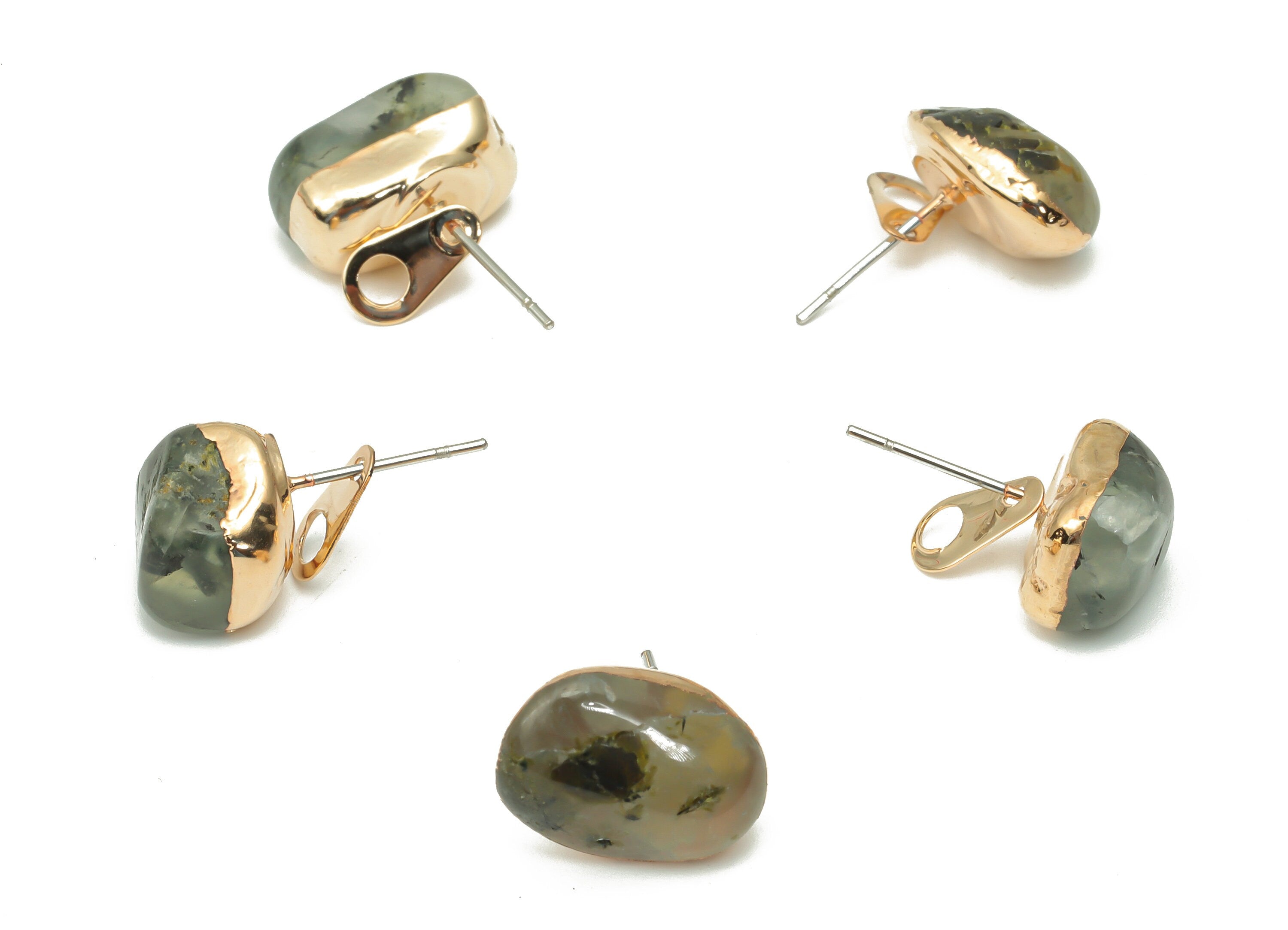 Prehnite Earring Stud with Loop - Natural Stone Earring Post -  Gold Tone Plated Stone – 316 Surgical Stainless Steel - 11.58x8x8mm– NS1762U - DOMEDBAZAAR