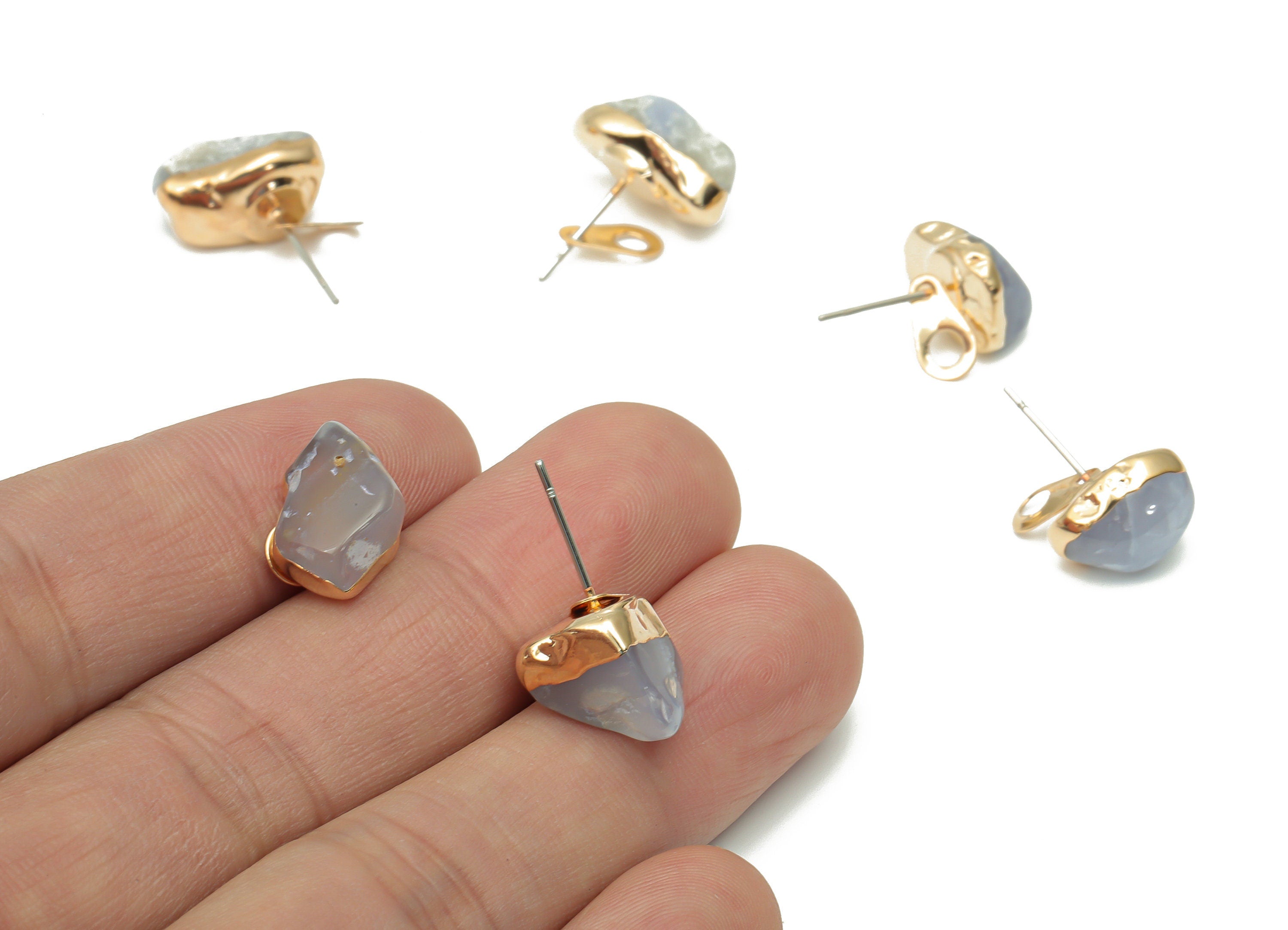 Blue Lace Agate Stud with Loop - Natural Stone Earring Post -  Gold Tone Plated Stone – 316 Surgical Stainless Steel - 11.82x9x4mm – NS1762P - DOMEDBAZAAR