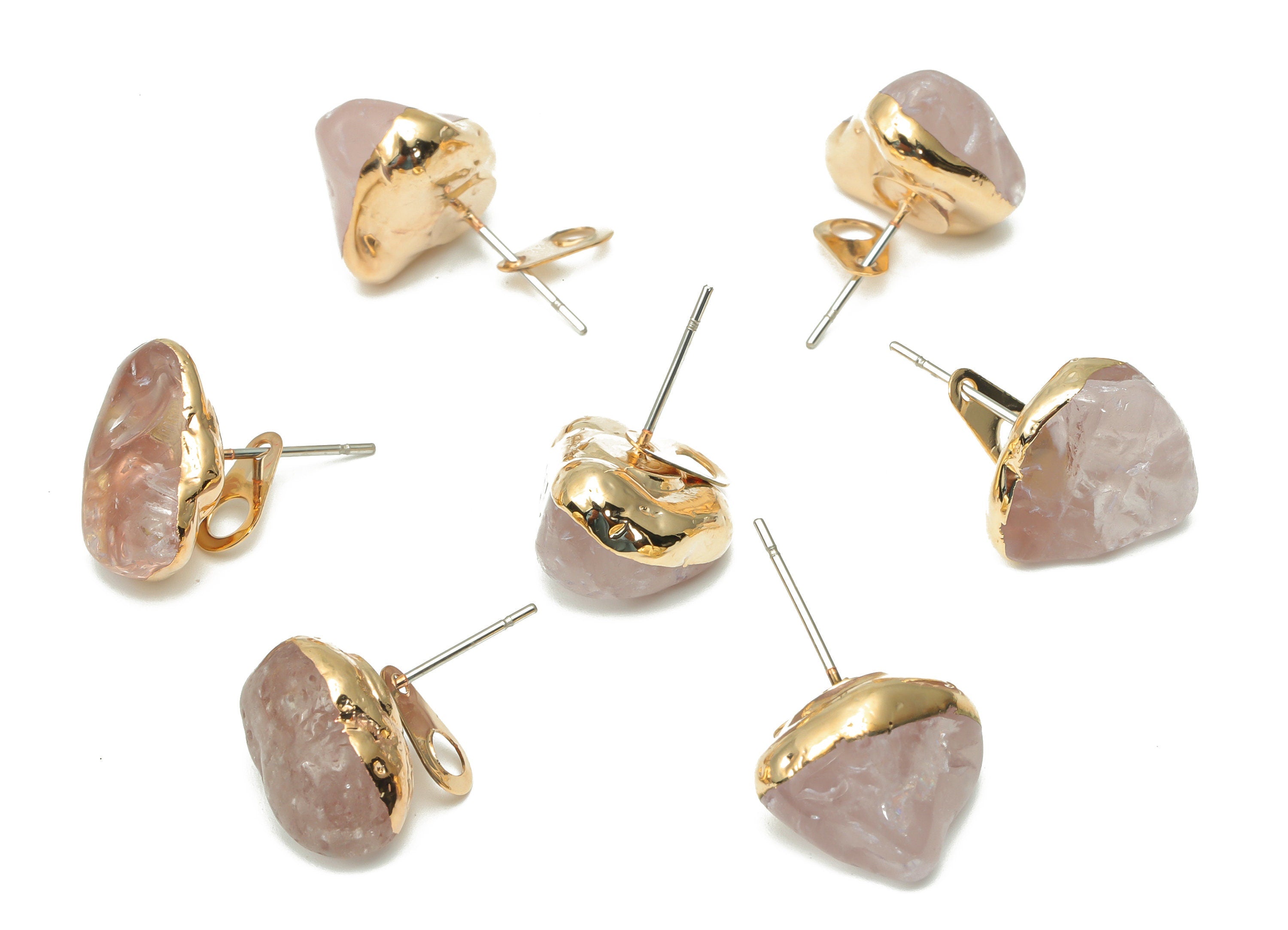 Rose Quartz Stud with Loop - Natural Stone Earring Post -  Gold Tone Plated Stone – 316 Surgical Stainless Steel - 13.5x11.3x5.5mm – NS1762H - DOMEDBAZAAR