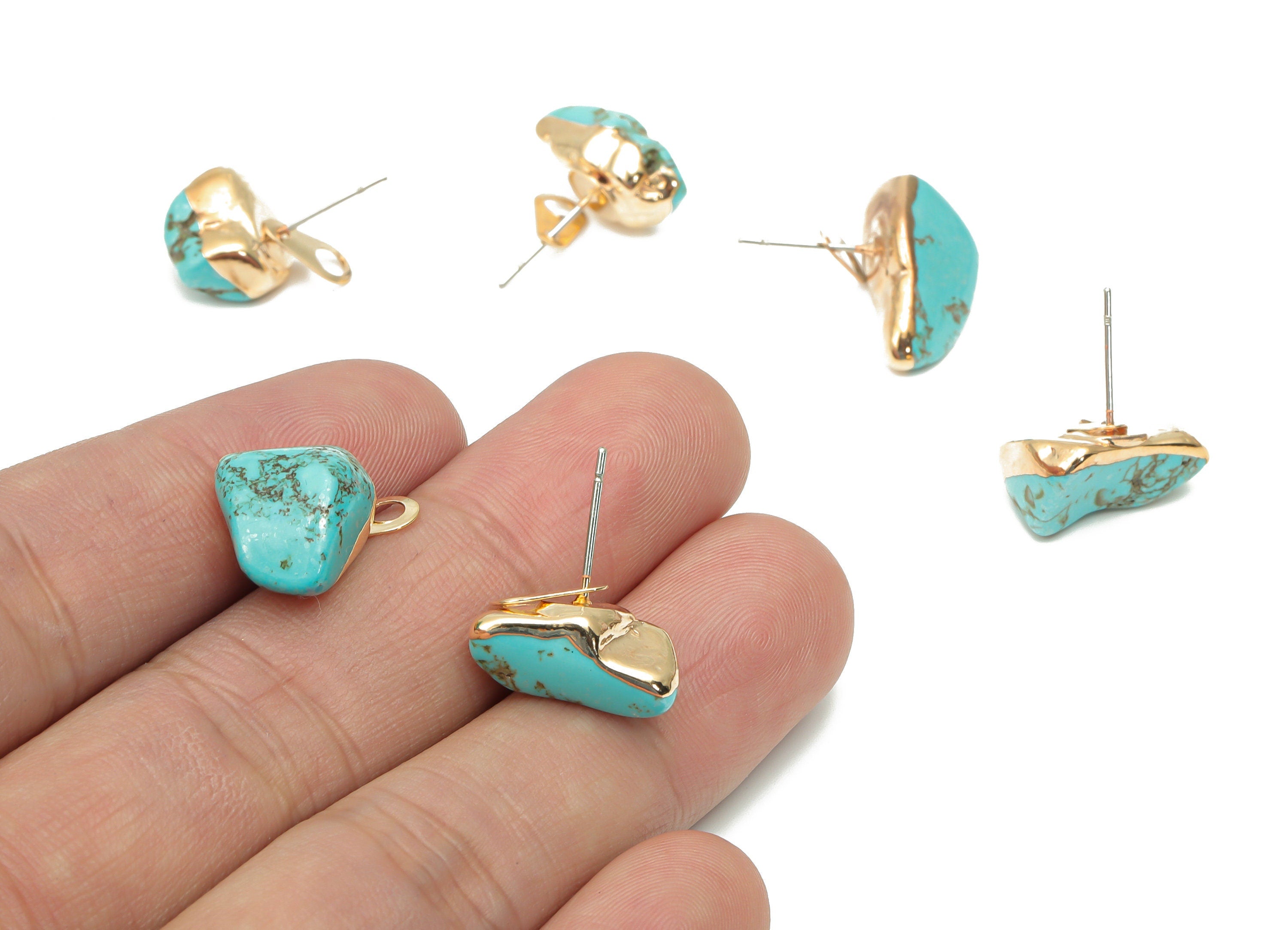 Turquoise Stud with Loop - Natural Stone Earring Post -  Gold Tone Plated Stone – 316 Surgical Stainless Steel - 14.87x10.88x9.1mm – NS1762Y - DOMEDBAZAAR