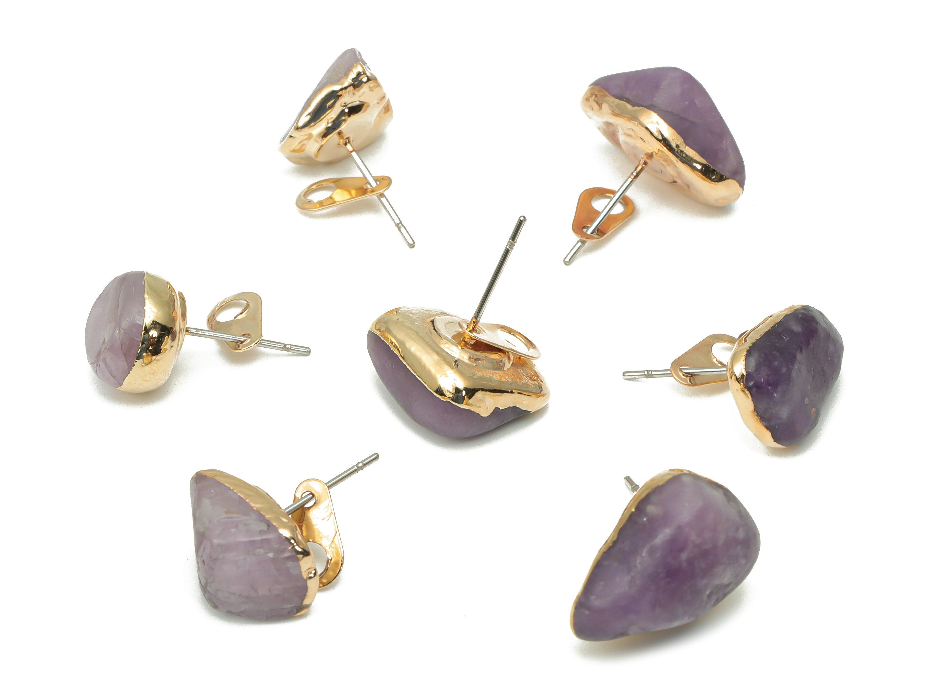 Lepidolite Stud with Loop - Natural Stone Earring Post -  Gold Tone Plated Stone – 316 Surgical Stainless Steel - 11.37x8.54x8.2mm – NS1762G - DOMEDBAZAAR