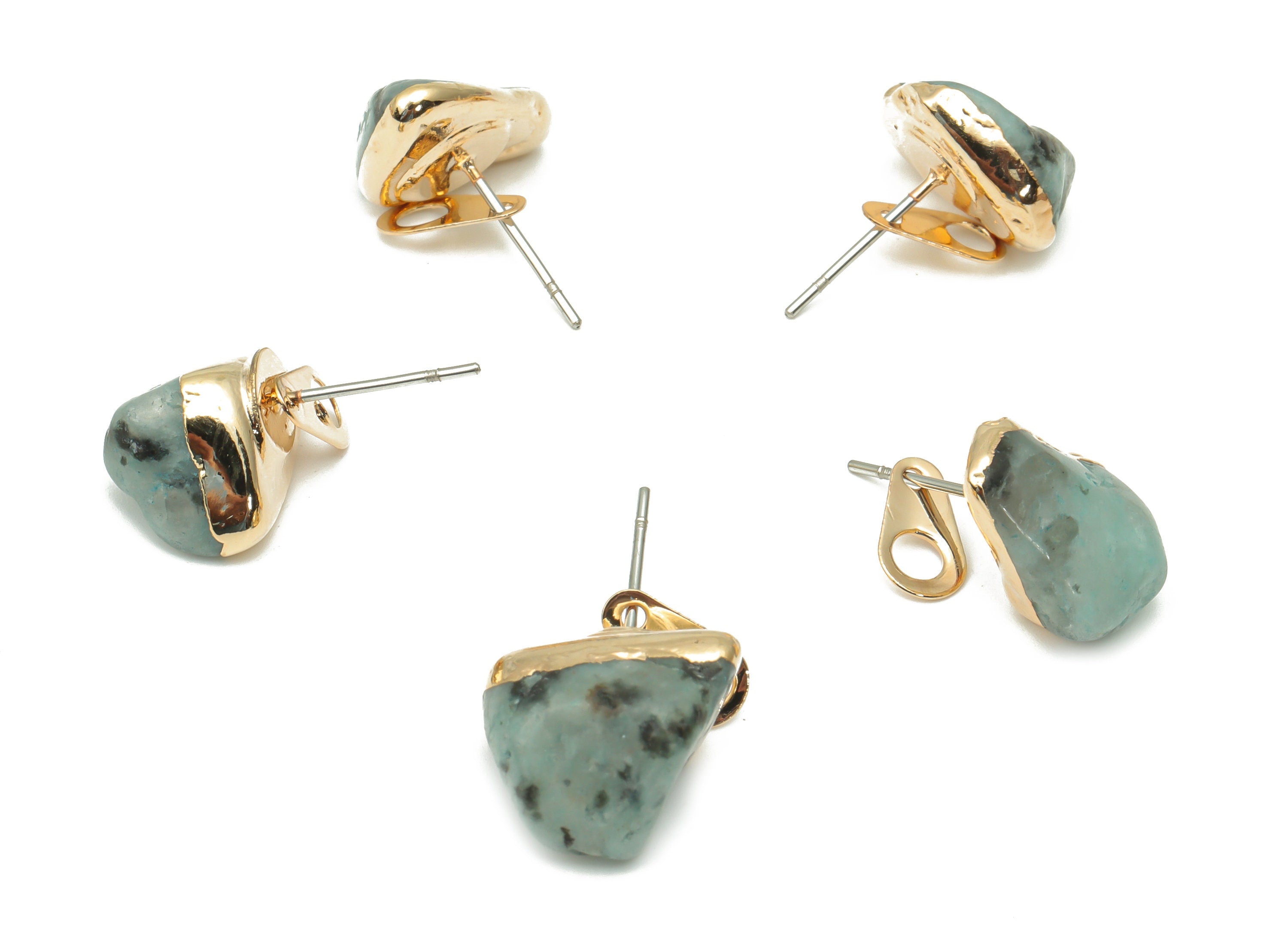 Ki Wi Jasper Stud with Loop - Natural Stone Earring Post -  Gold Tone Plated Stone – 316 Surgical Stainless Steel - 11.9x9.96x7mm – NS1762E - DOMEDBAZAAR