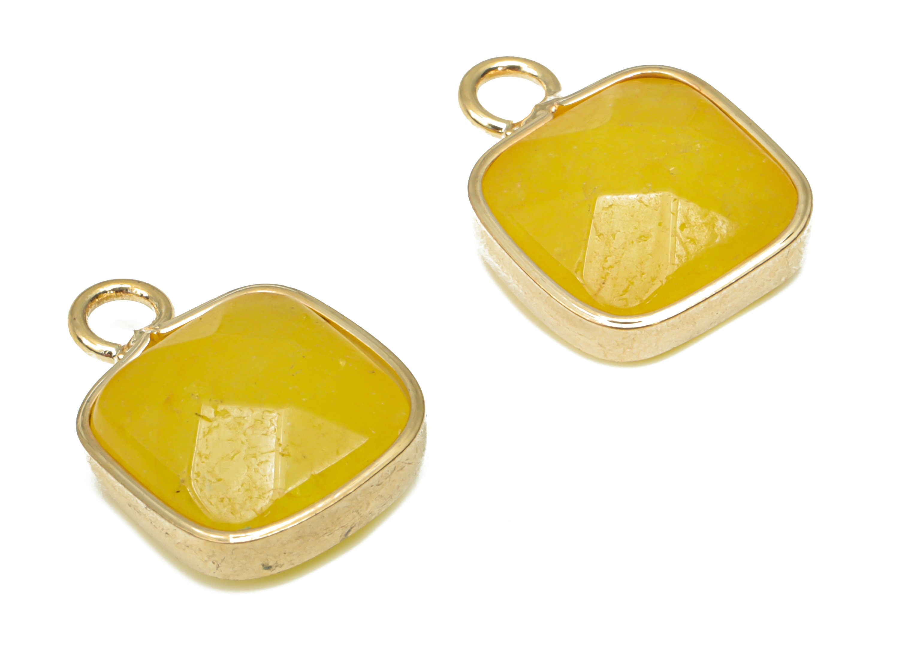 Yellow Jade Faceted Square Earring Charms - Brass Square Pendant - Natural Stone - Gold Tone Plated Brass – 15.9x11.44x5.95mm – NS1687A - DOMEDBAZAAR