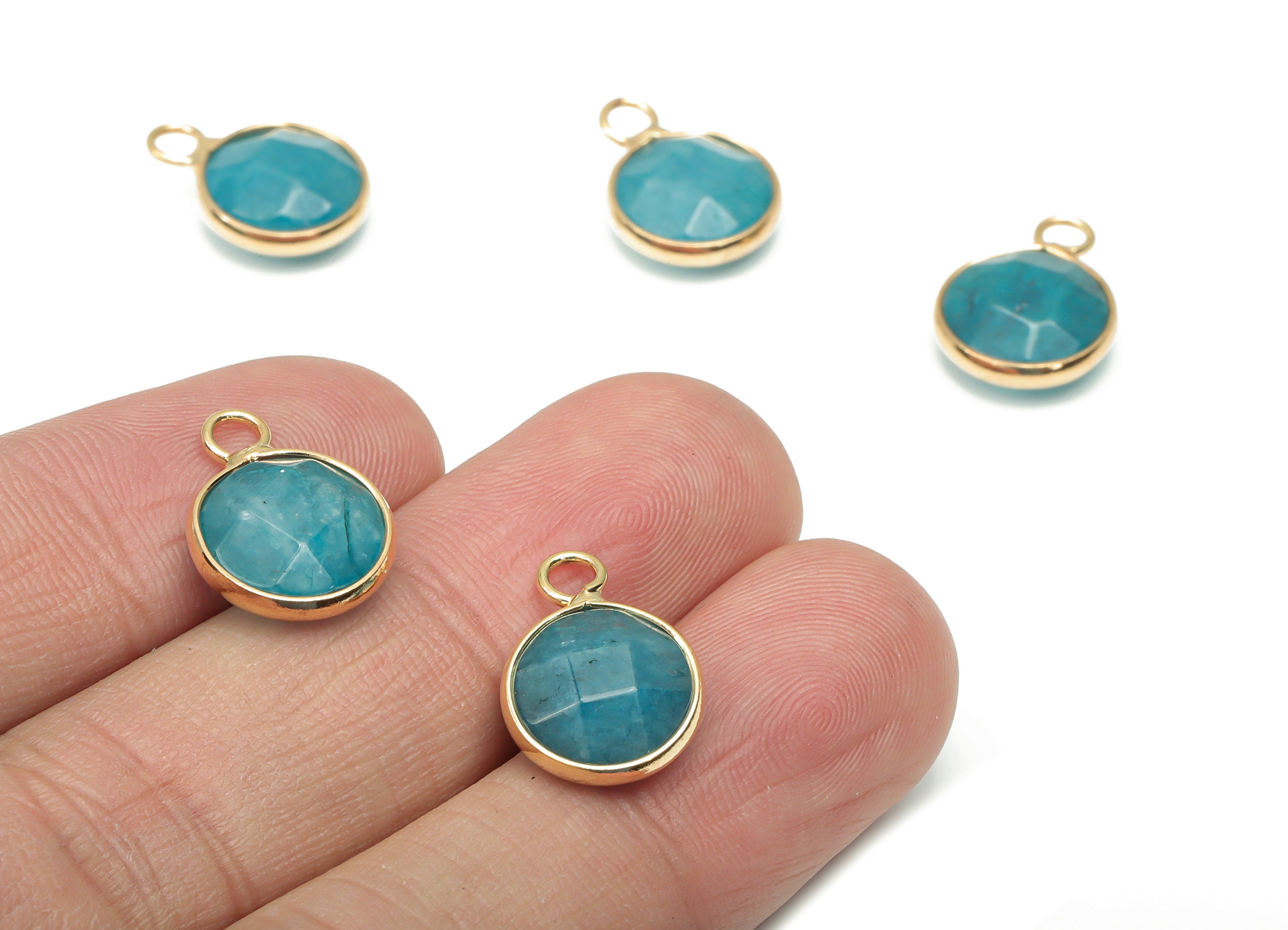 Blue Apatite Faceted Round Earring Charms - Brass Circle Pendant - Natural Stone - Gold Tone Plated Brass – 15.3x11.3x5.5mm – NS1685D - DOMEDBAZAAR
