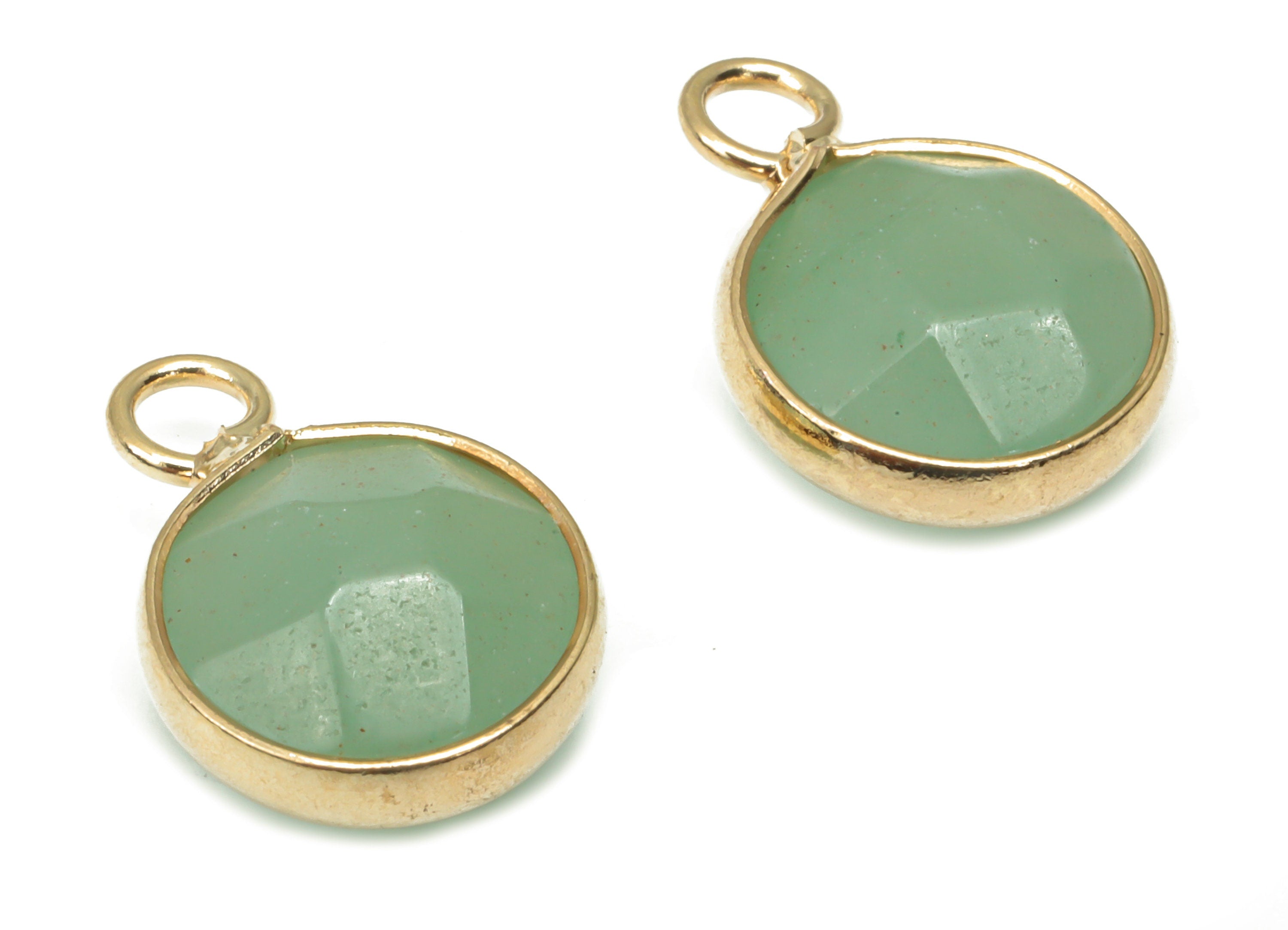 Aventurine Faceted Round Earring Charms - Brass Circle Pendant - Natural Stone - Gold Tone Plated Brass – 15.3x11.3x5.5mm – NS1685F - DOMEDBAZAAR