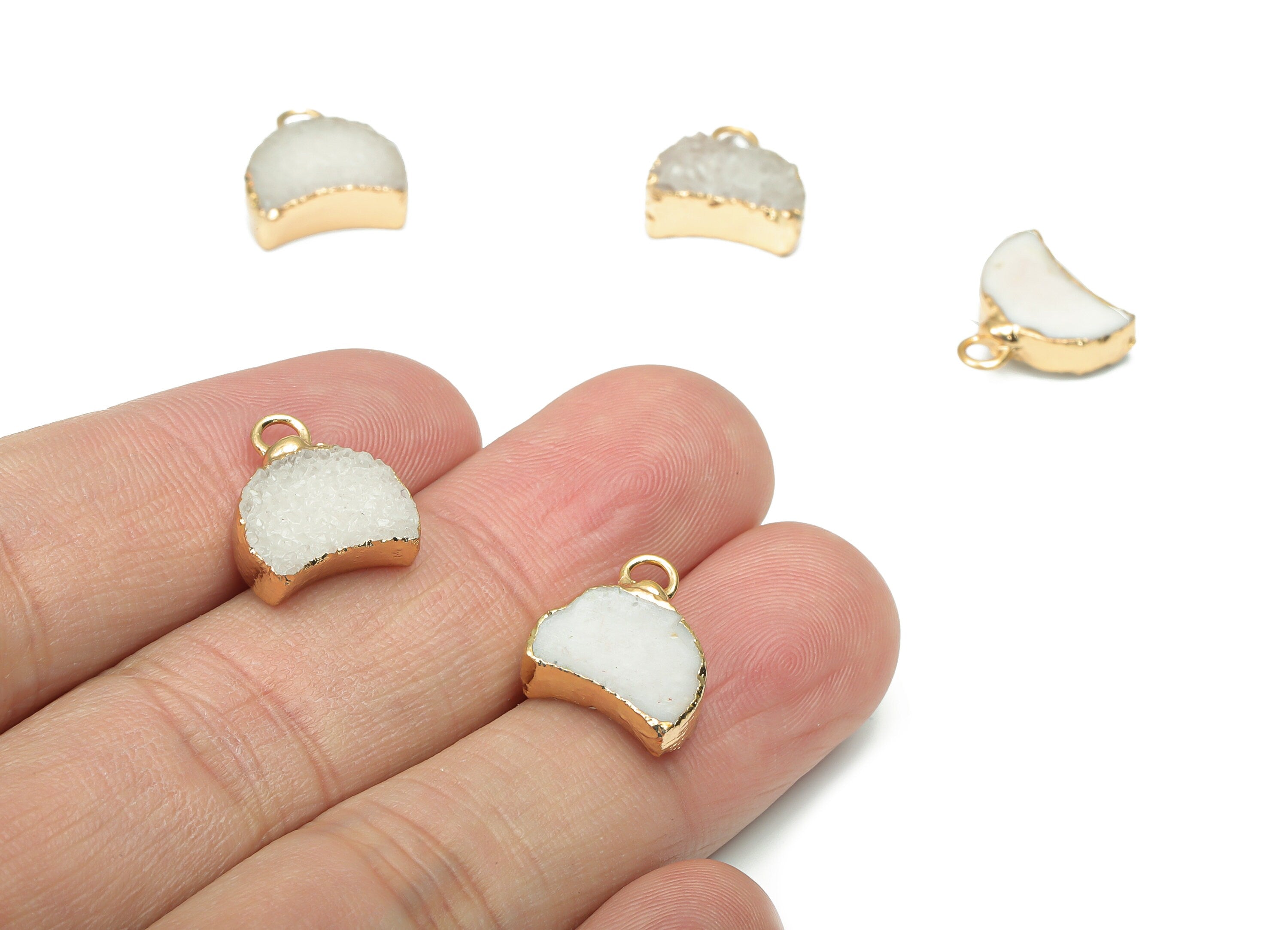 White Cluster Crystal Druzy Earring Charms - Brass Crescent Pendant - Natural Stone - Gold Tone Plated Brass – 14.4x12.91x4.62mm – NS1680A - DOMEDBAZAAR