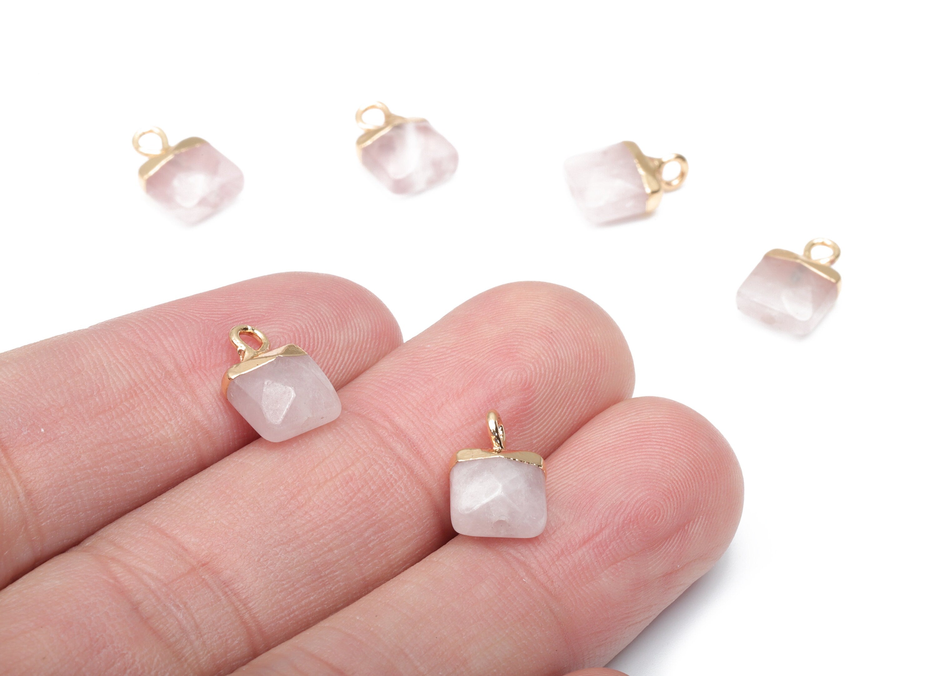 Rose Quartz Crystal Faceted Square Earring Charms - Brass Square Pendant - Natural Stone - Gold Tone Plated Brass – 12.1x8.4x4.6mm – NS1679B - DOMEDBAZAAR
