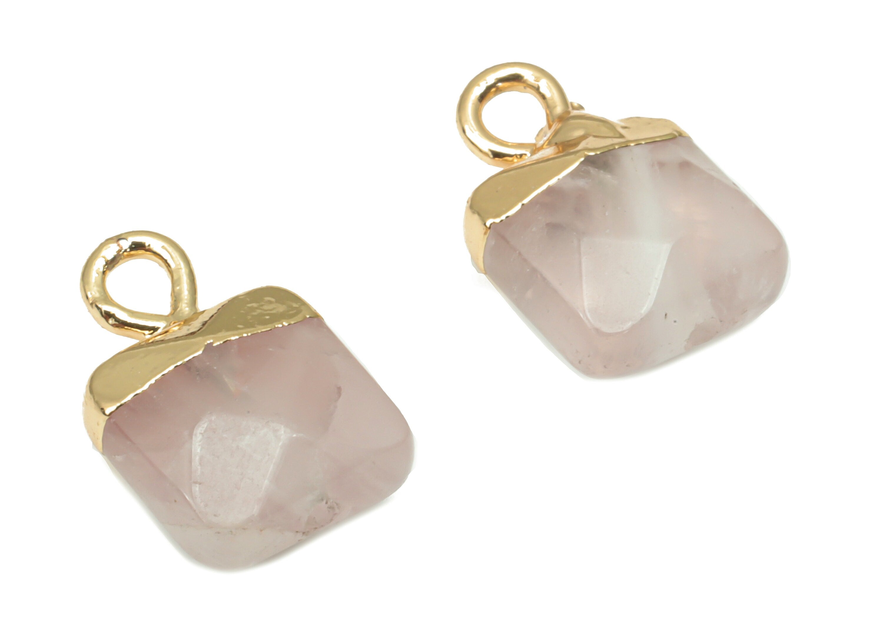 Rose Quartz Crystal Faceted Square Earring Charms - Brass Square Pendant - Natural Stone - Gold Tone Plated Brass – 12.1x8.4x4.6mm – NS1679B - DOMEDBAZAAR