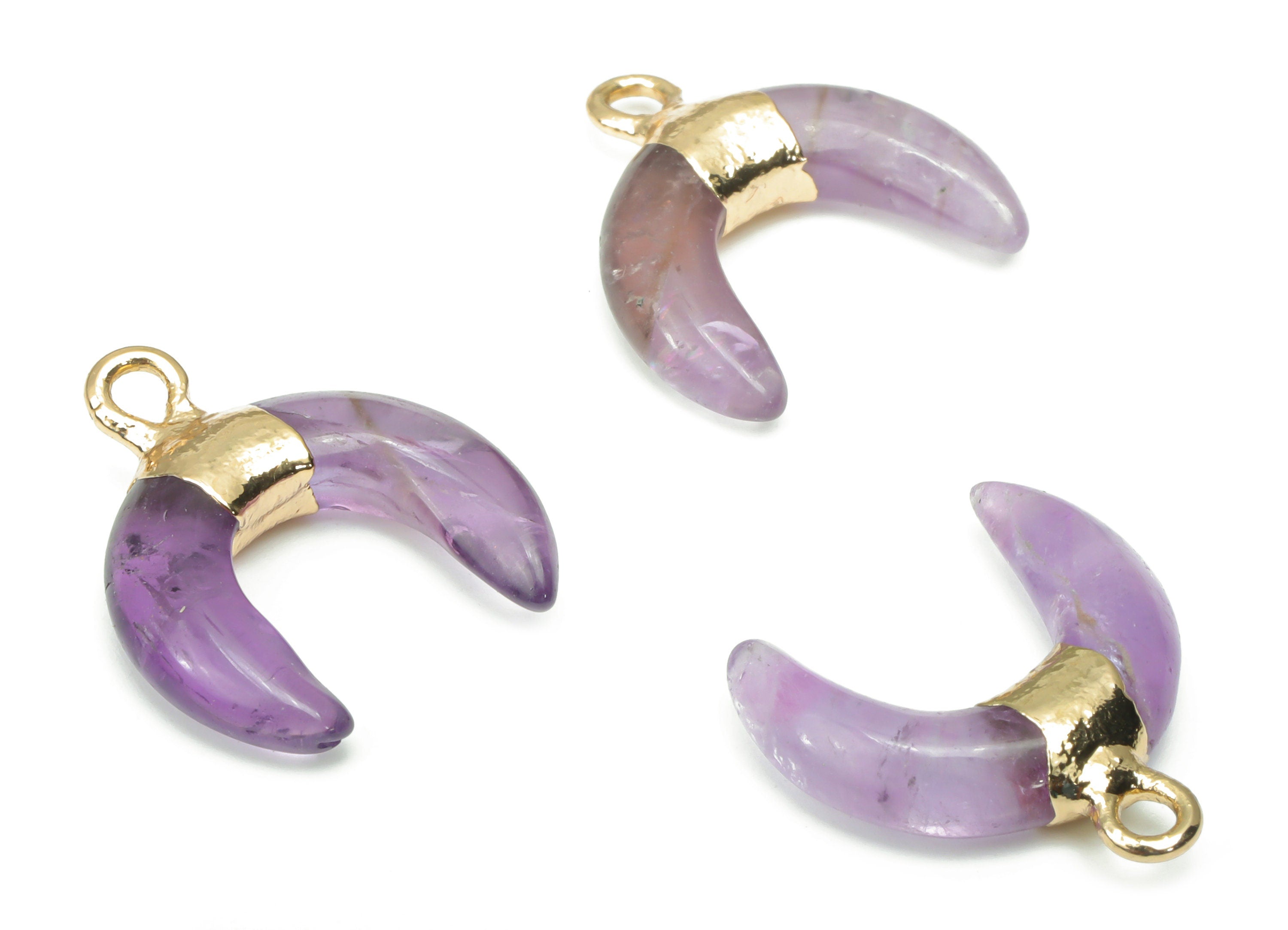 Amethyst Ox Horn Charms - Brass Crescent Pendant - Natural Stone - Gold Tone Plated Brass – Jewelry Supplies - 17.98x16.97x4.66mm – NS1686B - DOMEDBAZAAR