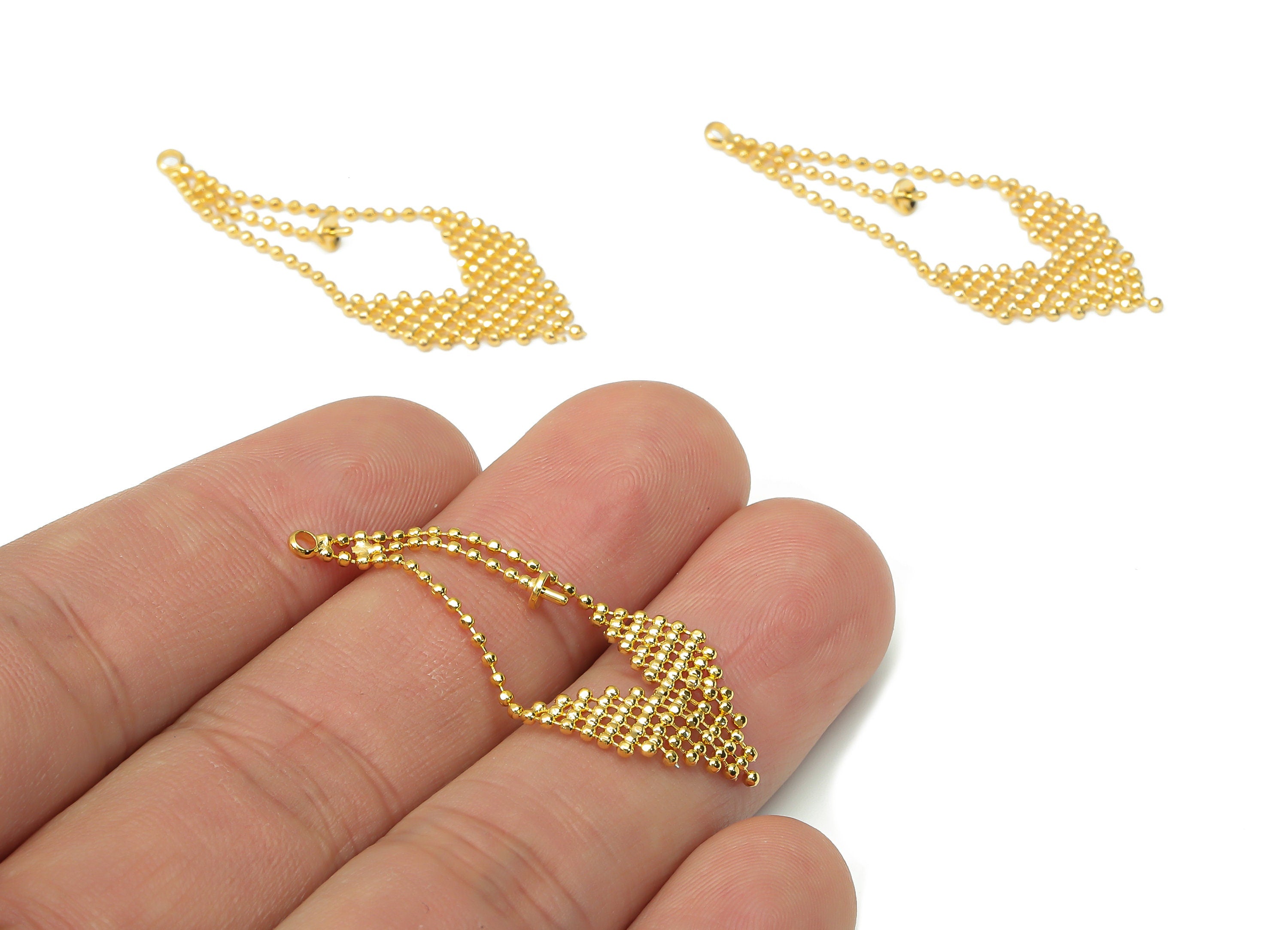 Brass Diamond Ball Chain Tassel for Pearl with Ball Cap - Gold Chain Earrings – 18K Real Gold Plated Brass - 39.23x14.96x1.3mm- RGP4498 - DOMEDBAZAAR