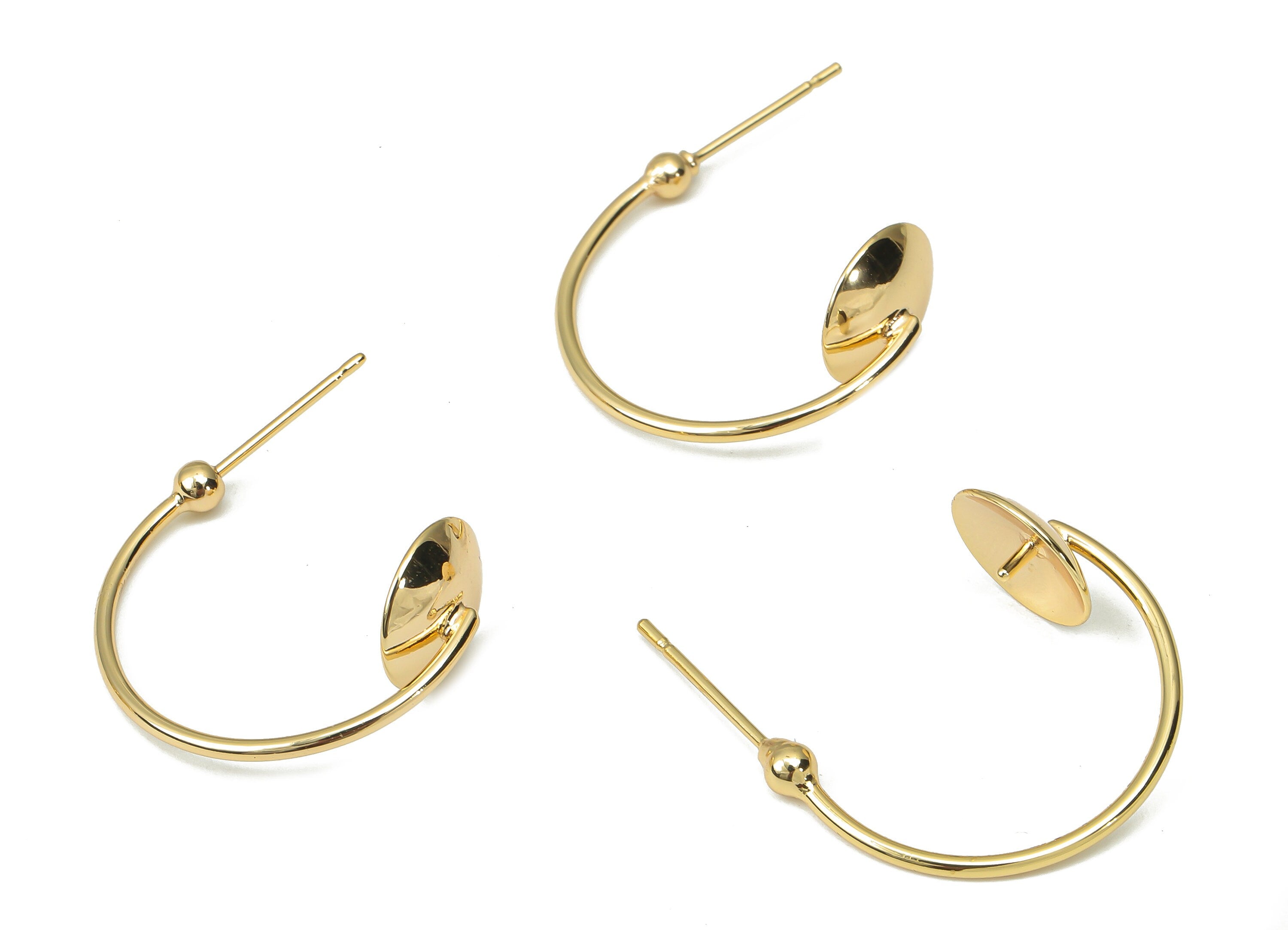 Brass C Open Hoop Earring Stud with Ball Cap - Gold C Hoop Post - Stainless Steel Stud - 18k Real Gold Plated Brass - 22.9x18.4x2mm- RGP4485 - DOMEDBAZAAR
