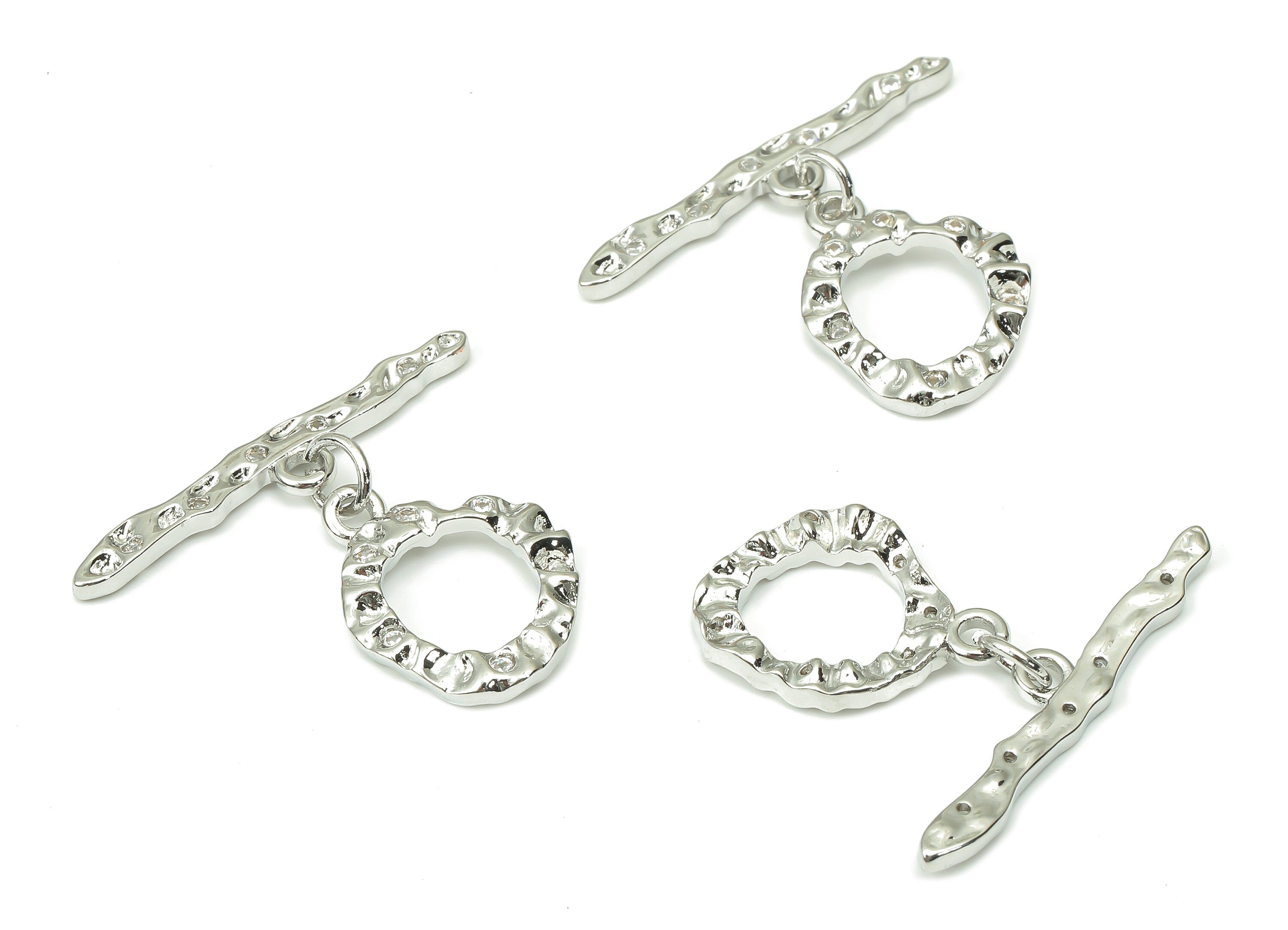 Brass Hammered Round Toggle Clasp with Zircons – White Gold Circle Toggle Clasp - 18K Real White Gold Plated Brass – 30.17x25x2mm - RGP4532S - DOMEDBAZAAR