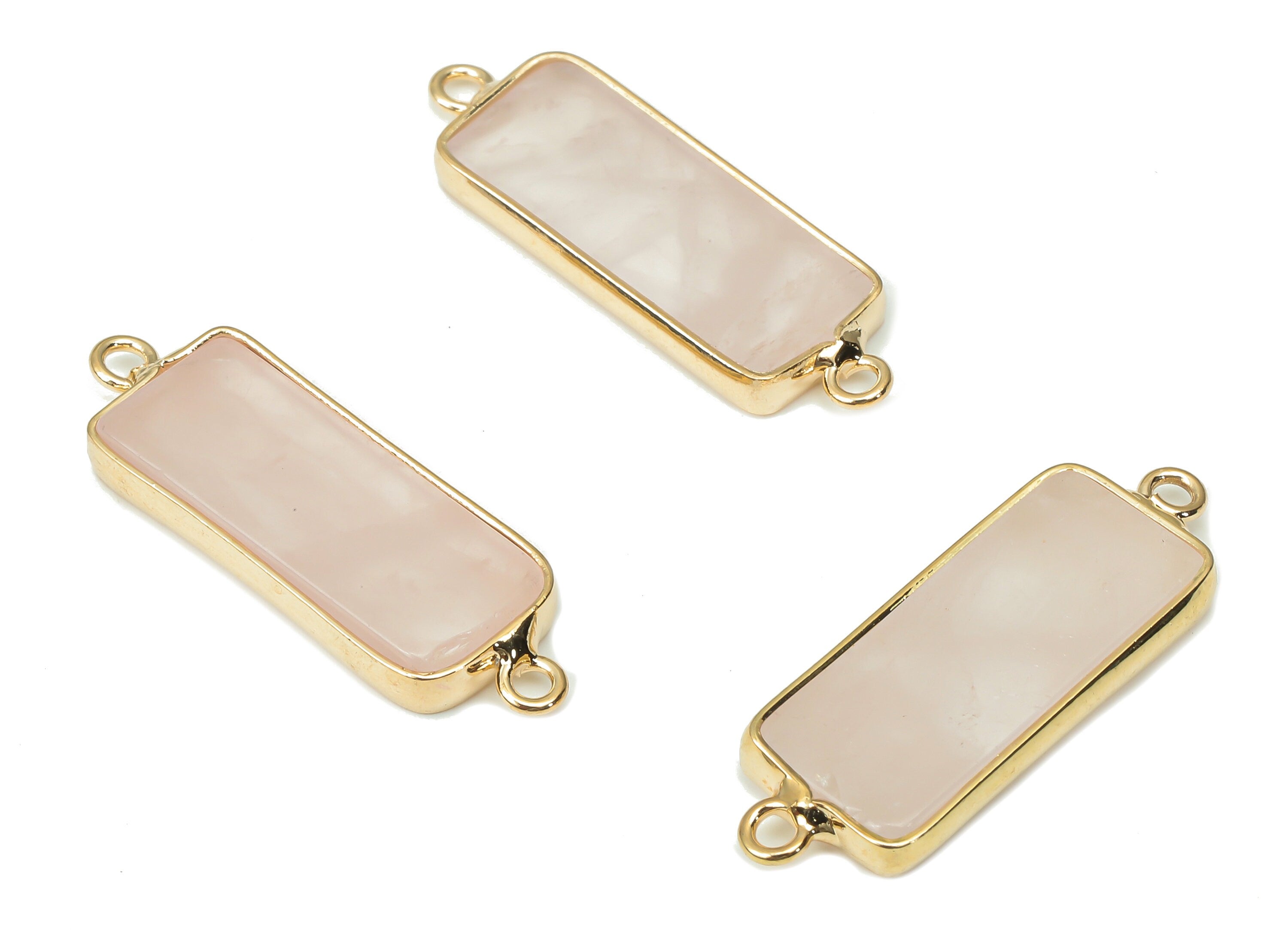 Rose Quartz Earring Connector - Brass Rectangle Bracelet - Crystal Natural Stone - Gold Tone Plated Brass – 28.26x10.09x2.62mm - NS1854 - DOMEDBAZAAR