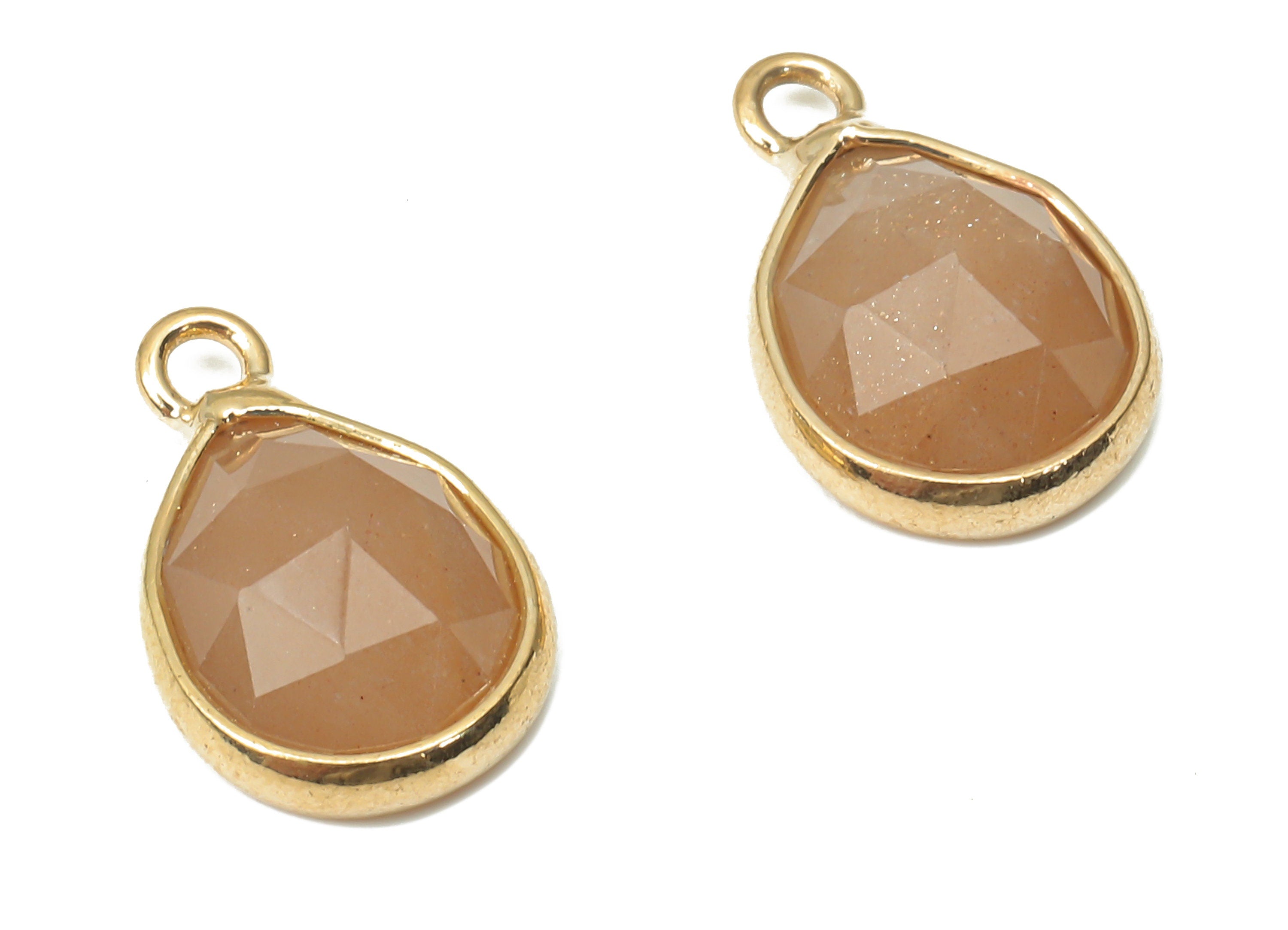 Sunstone Drop Earring Charms - Brass Teardrop Pendant - Faceted Natural Stone - Gold Tone Plated Brass – 14.34x8.96x5.05mm – NS1851B - DOMEDBAZAAR