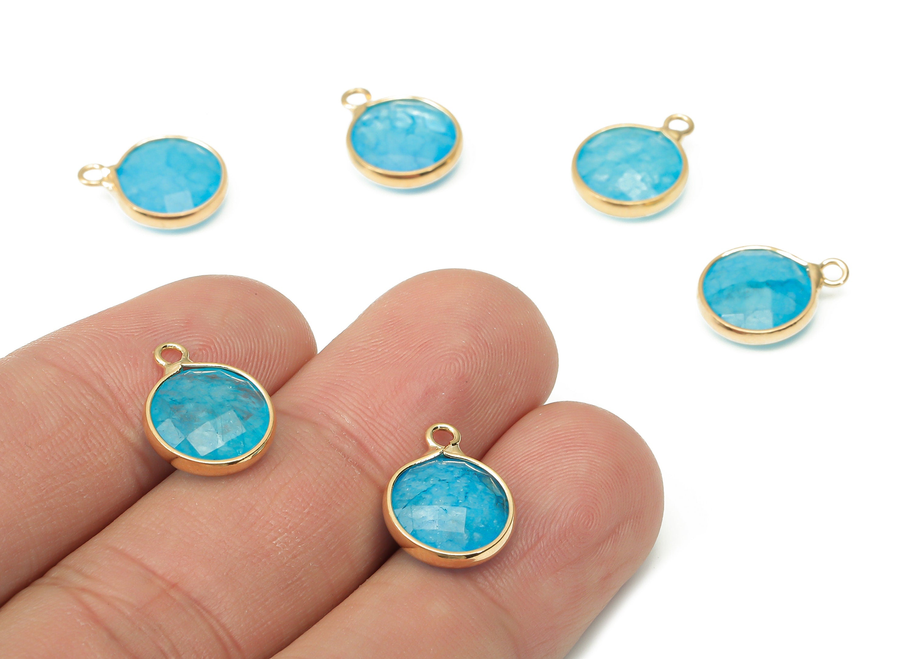 Blue Agate Round Earring Charms - Brass Circle Pendant - Faceted Natural Stone - Gold Tone Plated Brass – 14.41x11.22x4.26mm – NS1850A - DOMEDBAZAAR