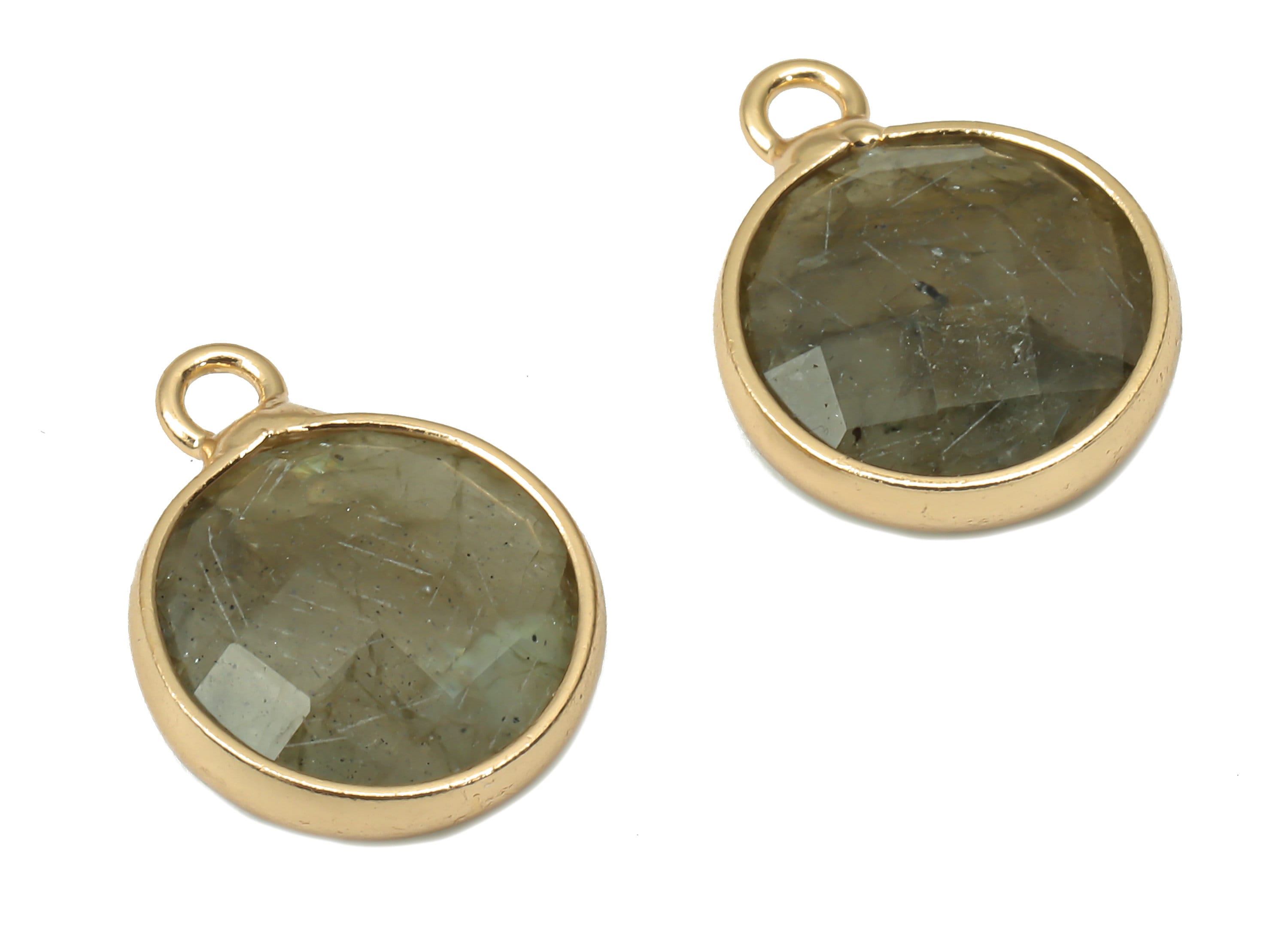 Labradorite Round Earring Charms - Brass Circle Pendant - Faceted Natural Stone - Gold Tone Plated Brass – 14.41x11.22x4.26mm – NS1850E - DOMEDBAZAAR