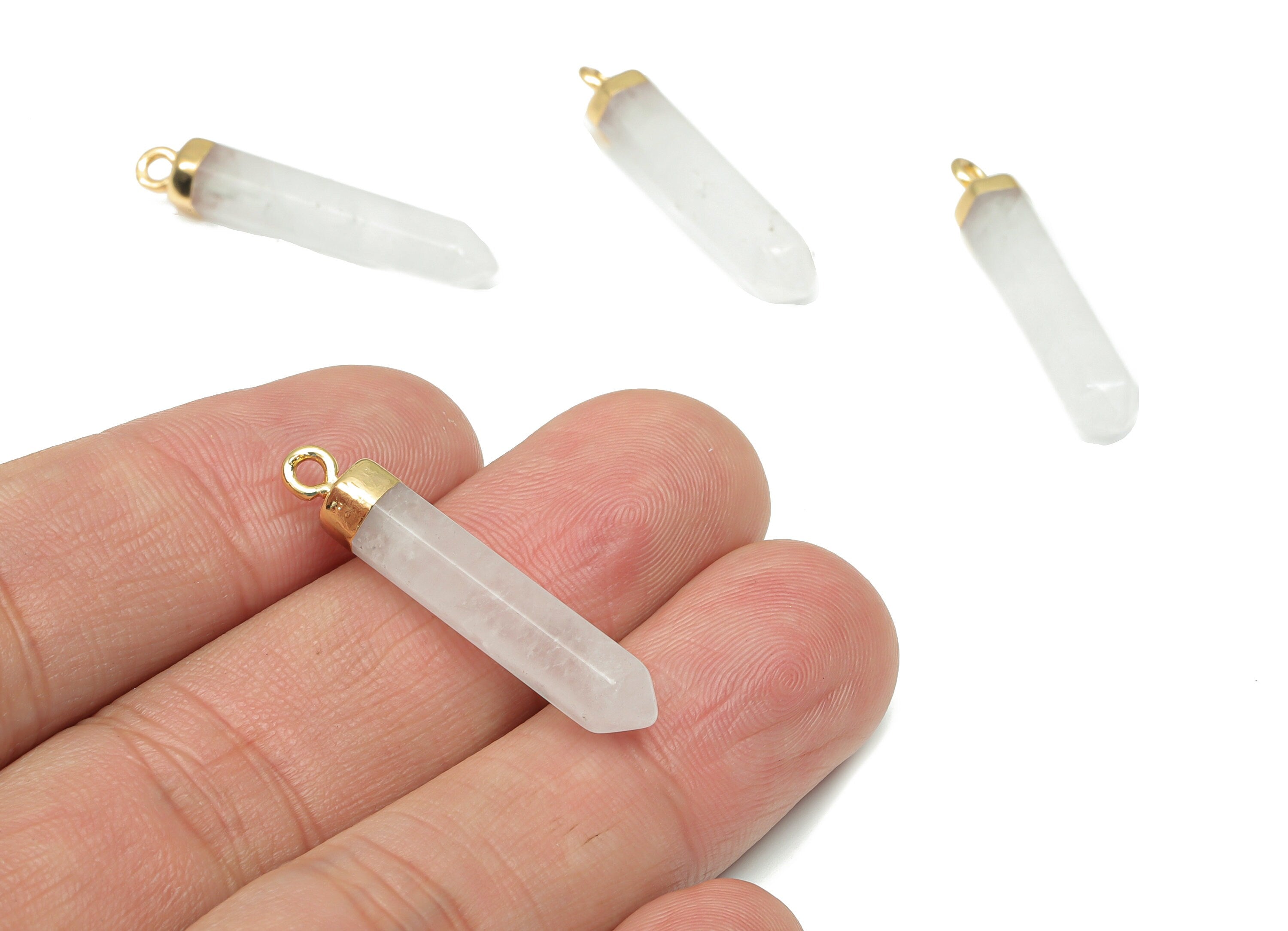 Clear Quartz Crystal Spike Earring Charms - Iron Long Tower Pendant - Gold Tone Plated Iron – Jewelry Supplies - 31.7x5.68x5.68mm – NS1763A - DOMEDBAZAAR
