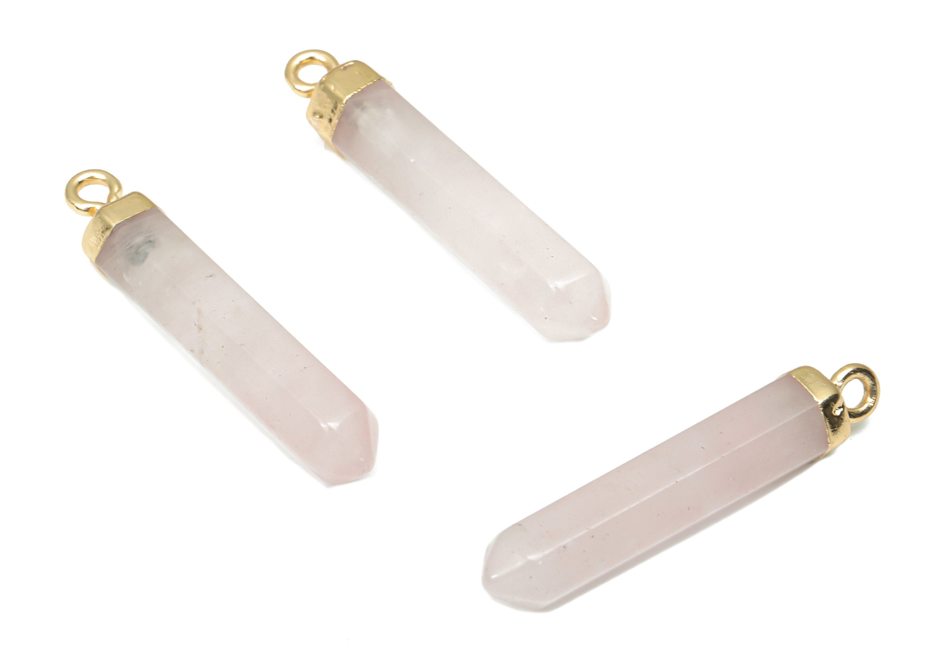Rose Quartz Crystal Spike Earring Charms - Iron Long Tower Pendant - Gold Tone Plated Iron – Jewelry Supplies - 31.7x5.68x5.68mm – NS1763F - DOMEDBAZAAR