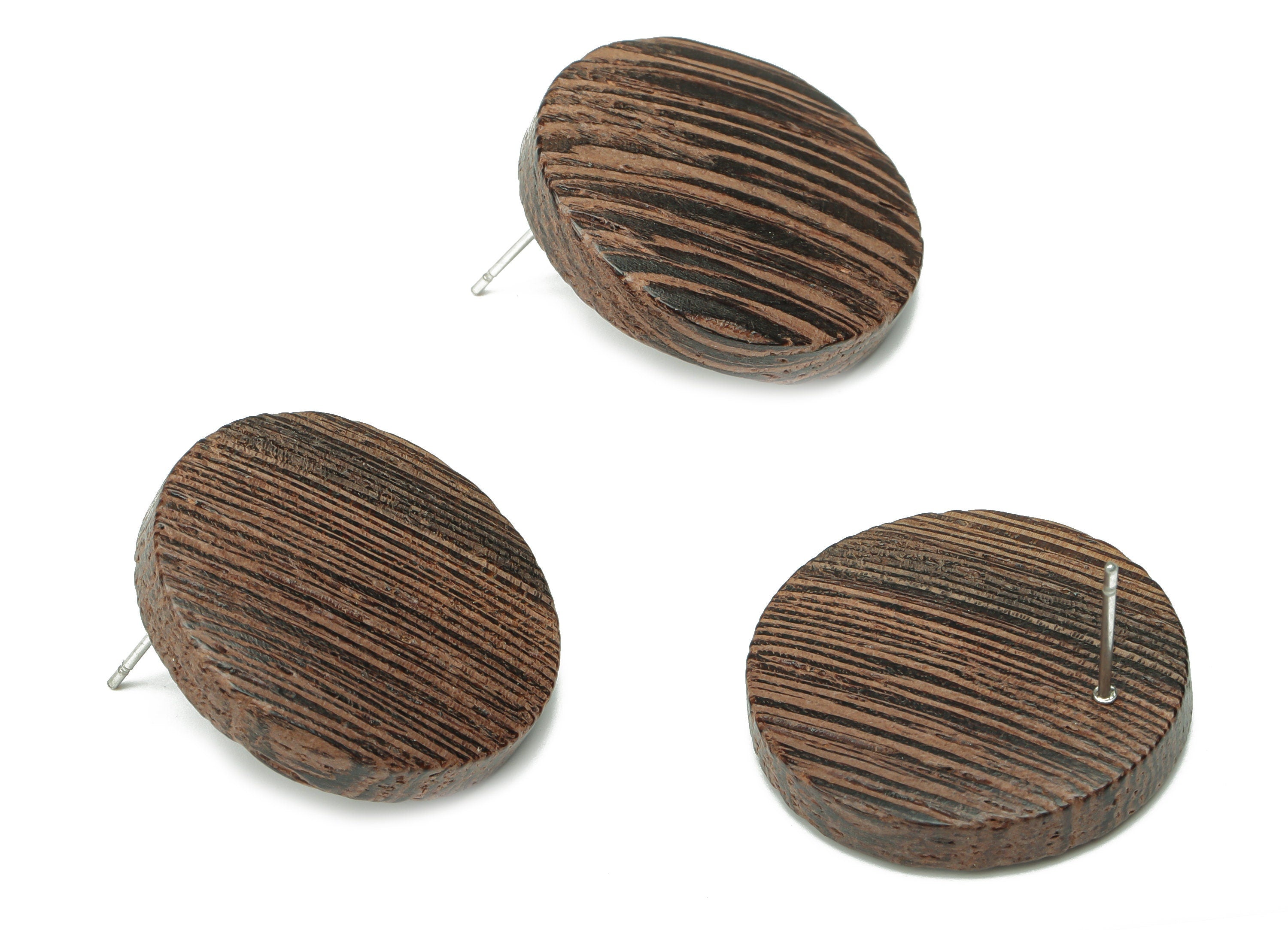 Wenge Wood Round Earring Stud - Wenge Wood Circle Earring Post - Stainless Steel Stud - Jewelry Supplies - 24.99x24.99x5.15mm - BB1215 - DOMEDBAZAAR
