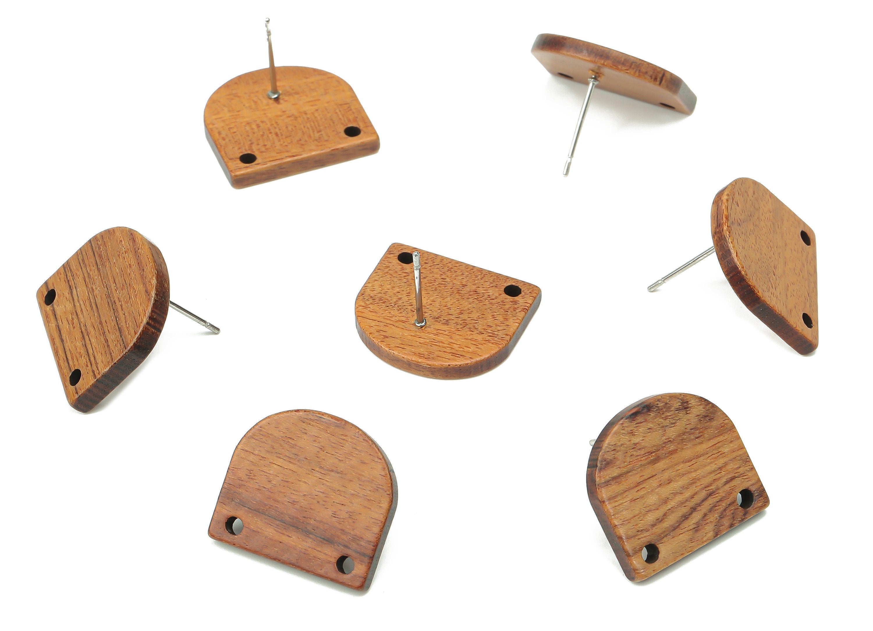 Walnut Wood Domed Stud Connector - Walnut Wood D Semicircle Post - 2 Holes - 316 Surgical Stainless Steel Stud - 18.21x16.39x2.85mm - BB1245 - DOMEDBAZAAR