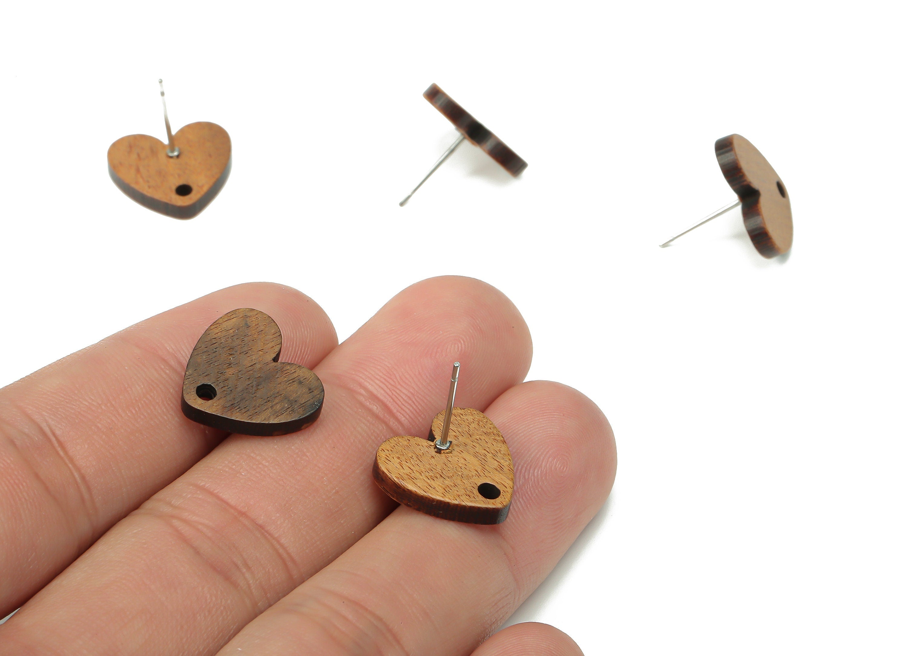 Walnut Wood Heart Earring Stud Connector - Walnut Wood Heart Earring Post - 316 Surgical Stainless Steel Stud - 15.13x13.97x2.64mm - BB1249 - DOMEDBAZAAR