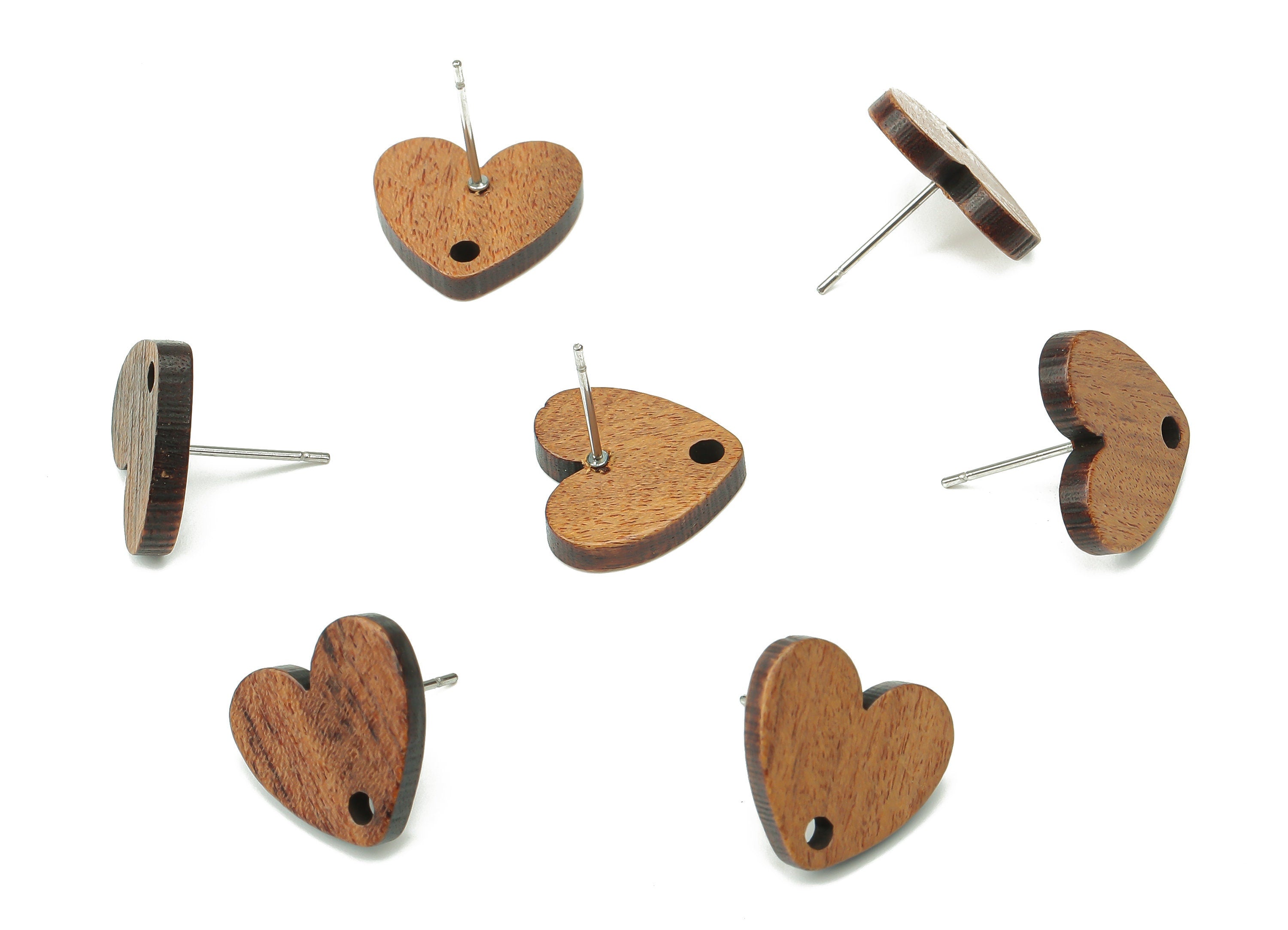 Walnut Wood Heart Earring Stud Connector - Walnut Wood Heart Earring Post - 316 Surgical Stainless Steel Stud - 15.13x13.97x2.64mm - BB1249 - DOMEDBAZAAR