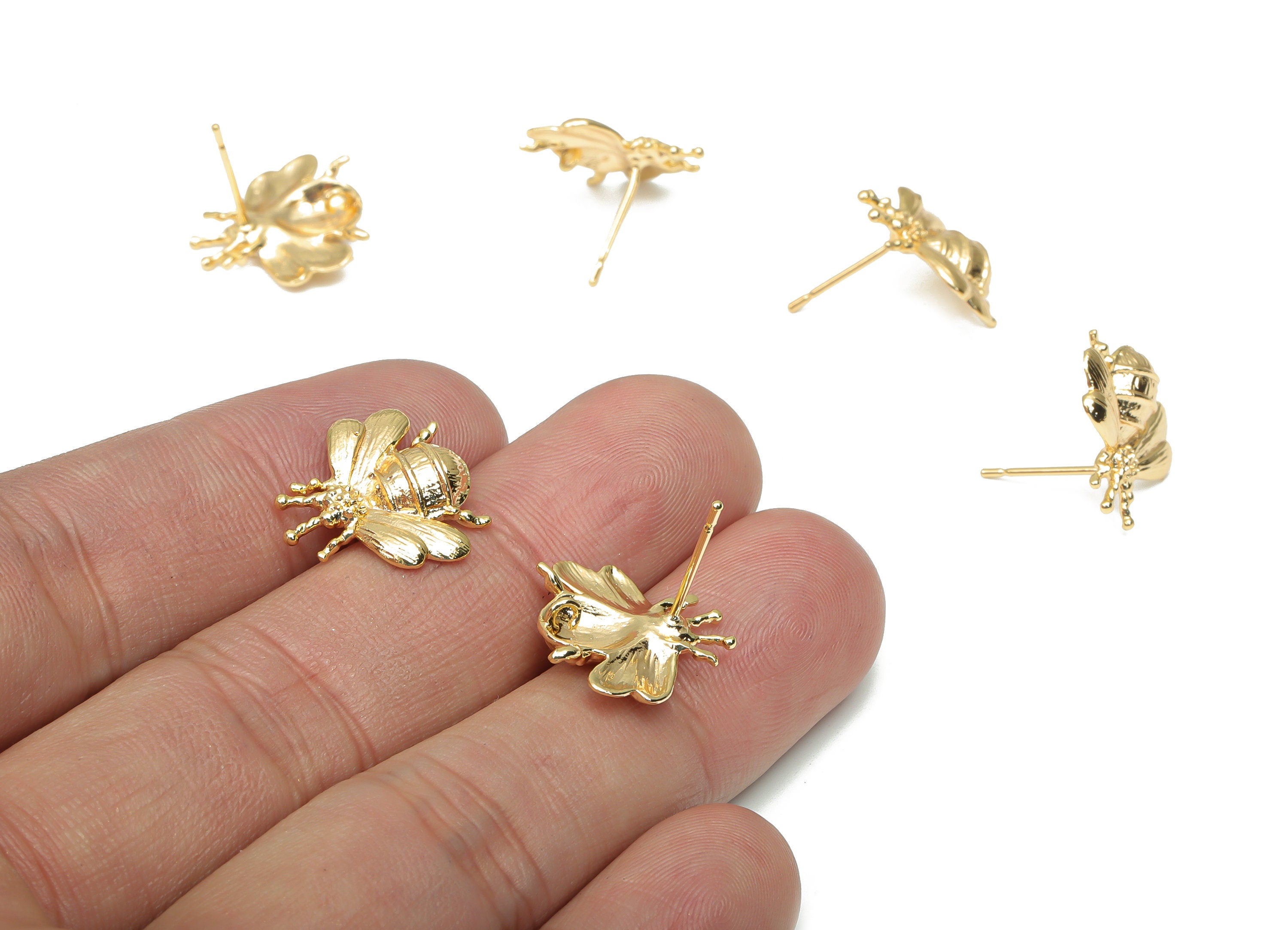 Brass Bee Earring Stud - Gold Bee Earring Post - 316 Surgical Stainless Steel Stud - 18k Real Gold Plated Brass - 15.69x16.1x2.4mm - RGP4351 - DOMEDBAZAAR