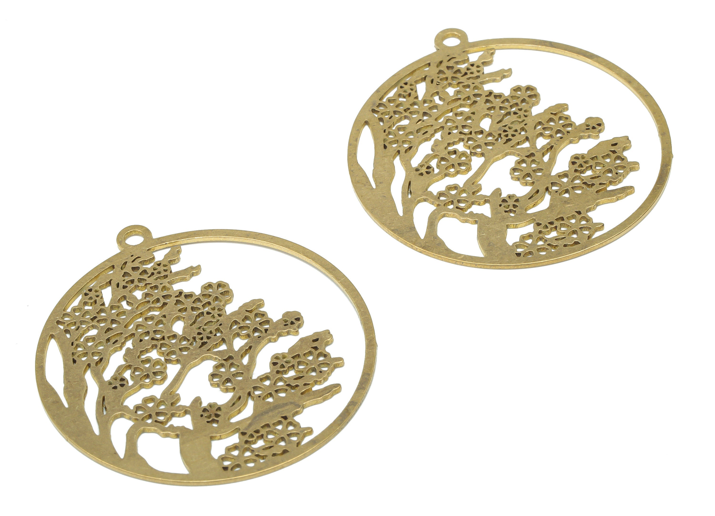 Brass Round Forest Tree Earring Charms - Raw Brass Woods Tree Circle Pendant - DIY Jewelry Making Supplies - 39.75x36.48x0.63mm - PPA2818 - DOMEDBAZAAR